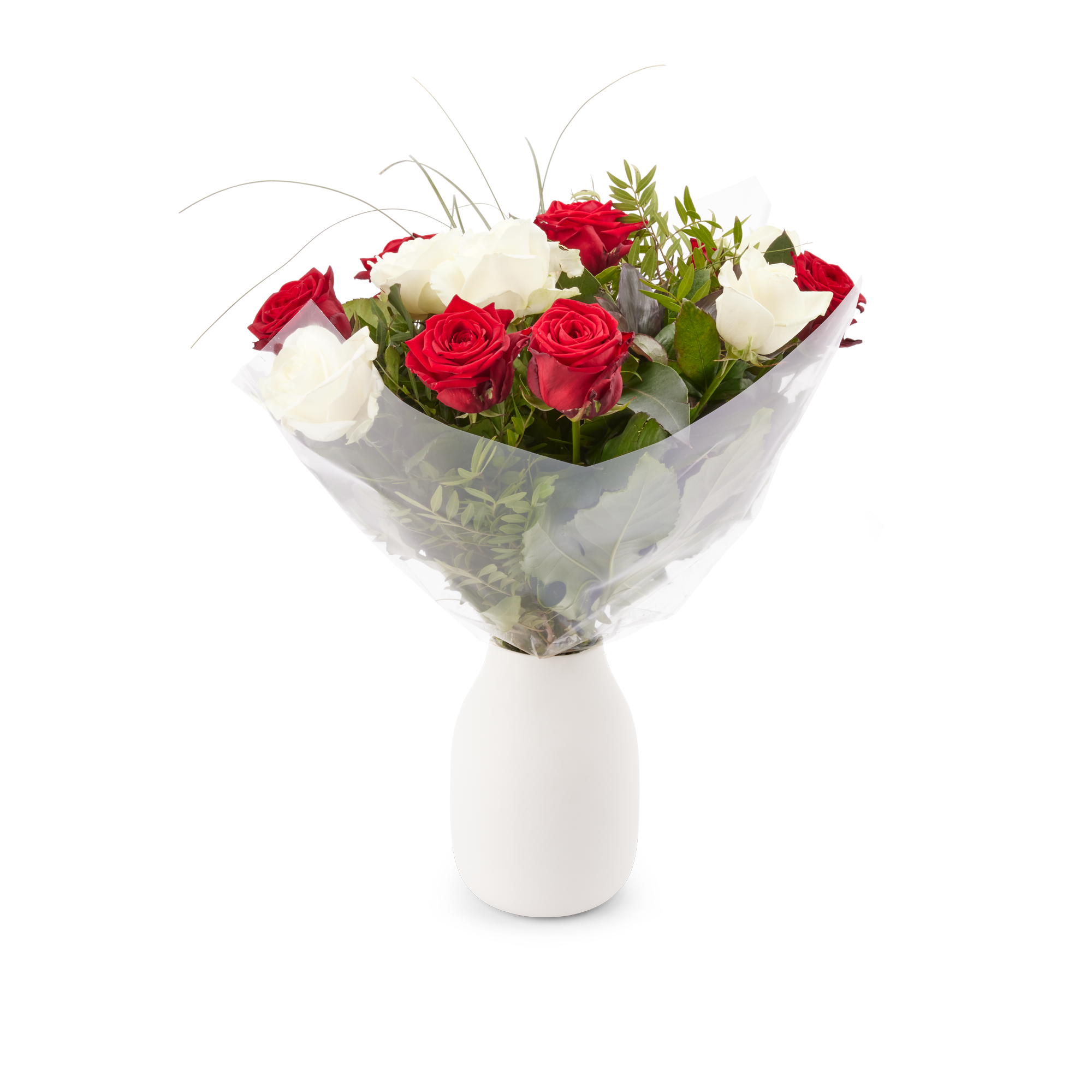 Boeket rode en witte rozen in een vaas, met een gratis cadeaukaartje om te personaliseren.