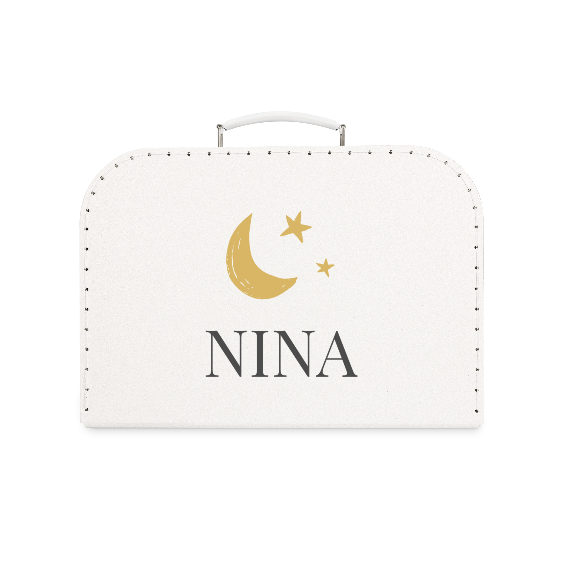 Witte kinderkoffer bedrukt met gouden maan en sterren, en de naam NINA