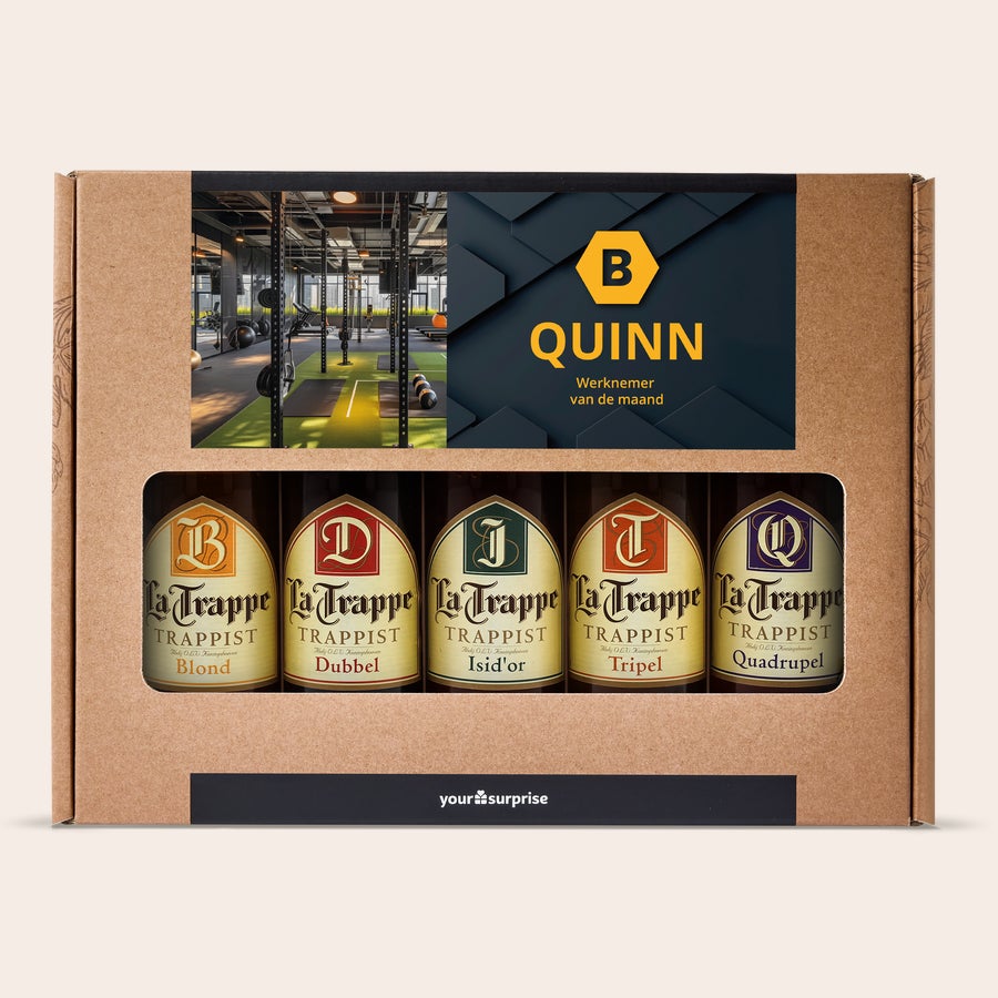 Gepersonaliseerd bierpakket Bruin Trappist-bierpakket met 5 bieren, gepersonaliseerd met een foto en de tekst Quinn Werknemer van de maand, voor een bierliefhebber.
