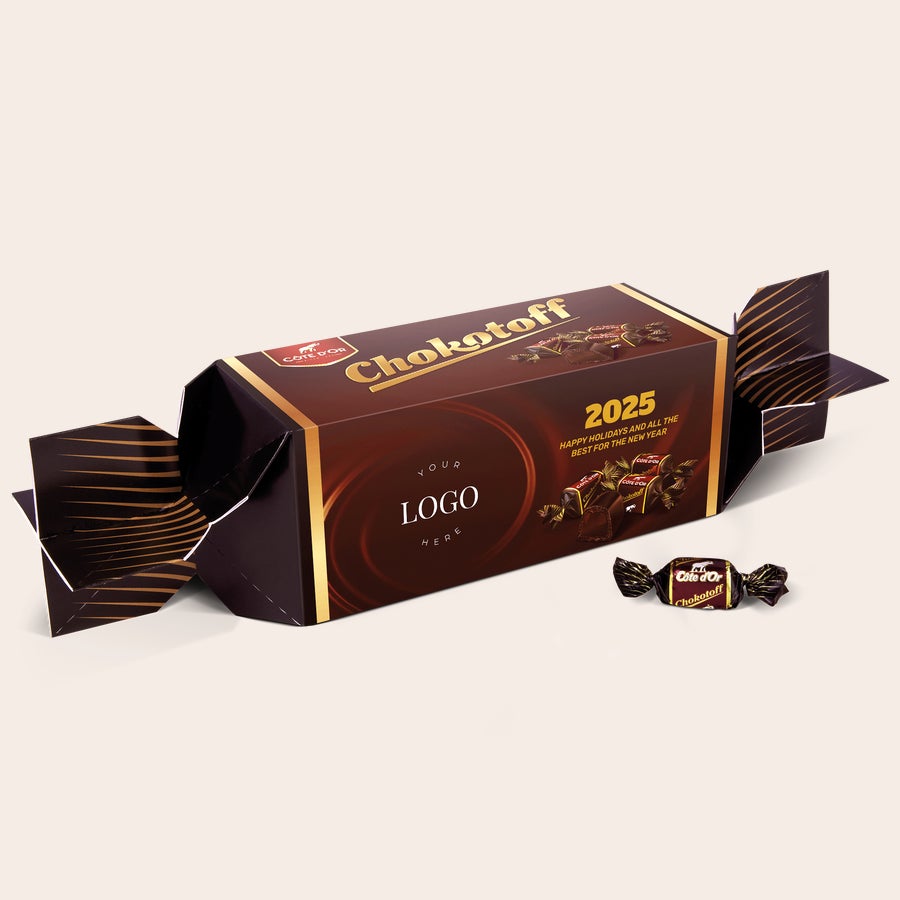 Presente personalizado Chokotoff toffee Embalagem Chokotoff personalizada com um logotipo e mensagem "2025 Happy Holidays and all the best for the New Year"