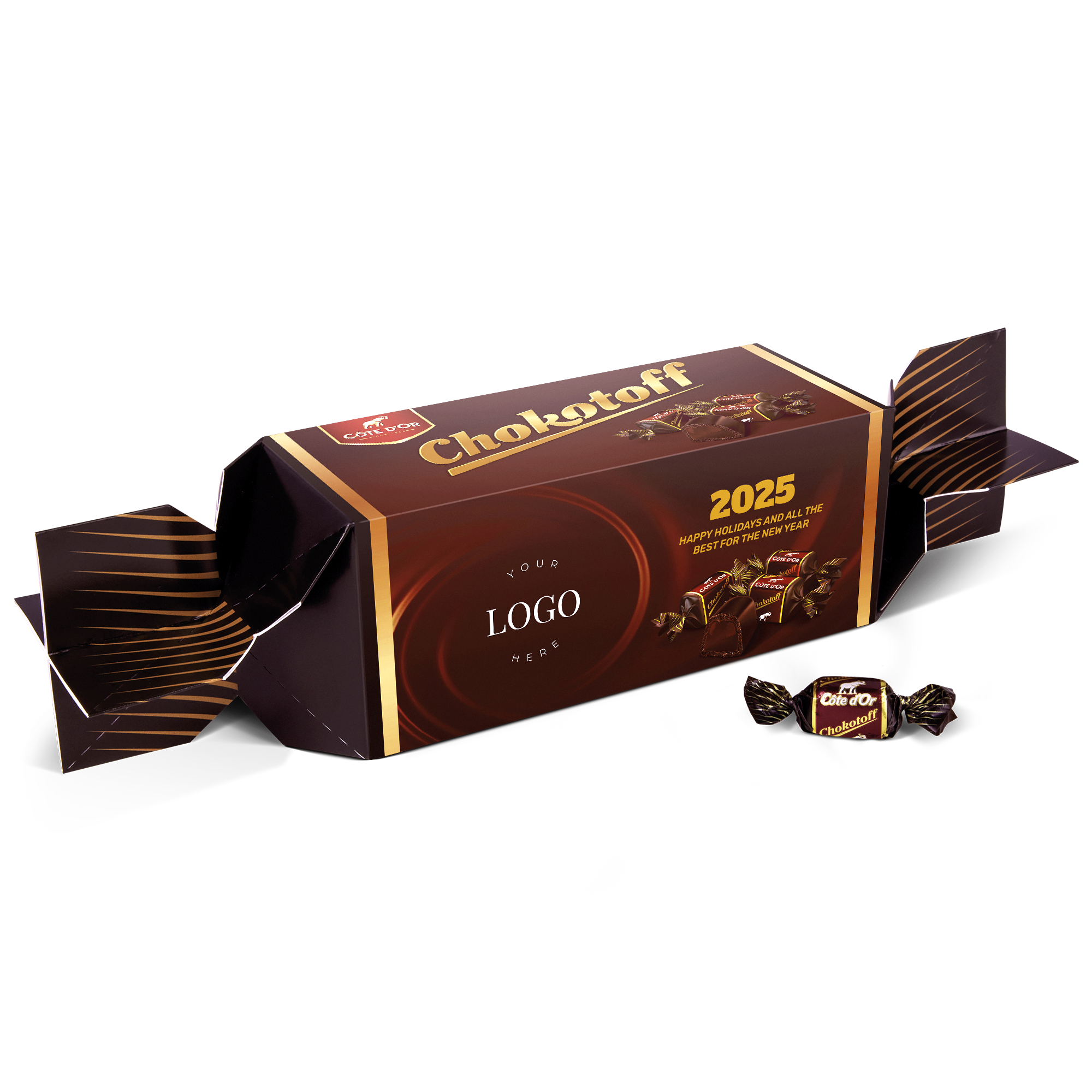 XXL Chokotoff Toffees with a custom-printed wrapper featuring a logo and Happy Holidays message