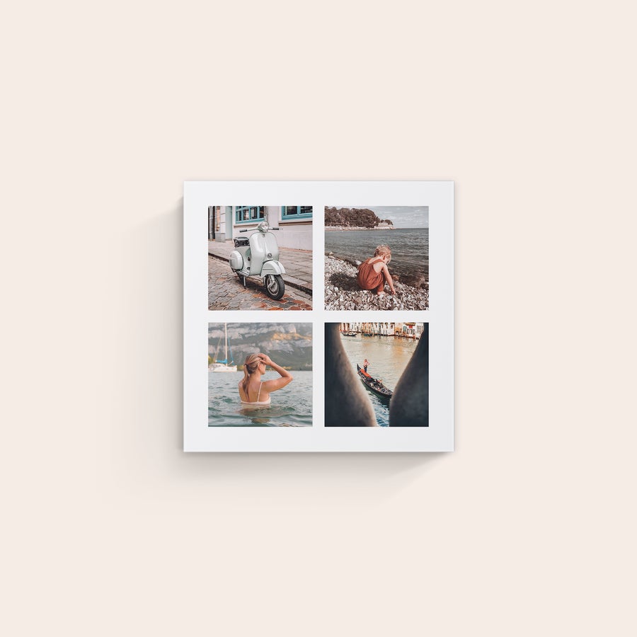 Pânză personalizată Pânză personalizată cu patru fotografii, tipărite pe pânză de înaltă calitate, care prezintă o scuteră, un copil pe plajă, o femeie în apă și o gondolă pe canal.