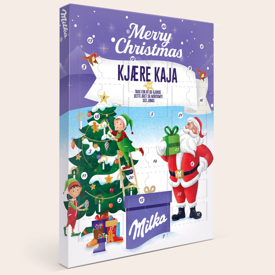 Adventskalender med bilde - Milka Favourites Personlig adventskalender med Milka sjokolade, med navn Kjære Kaja og hilsen trykt på forsiden.