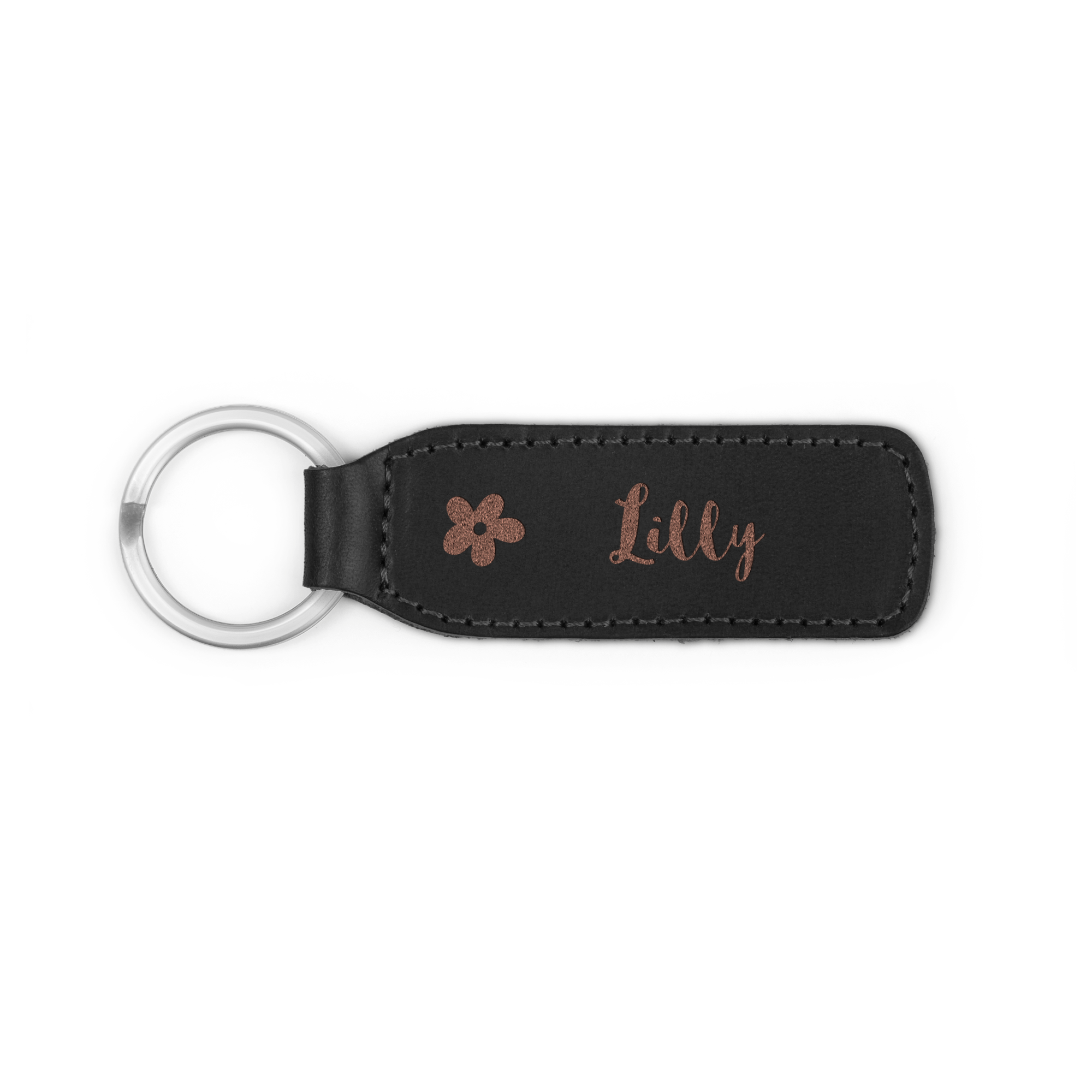 Portachiavi personalizzato in pelle nera inciso con un fiore e il nome Lilly