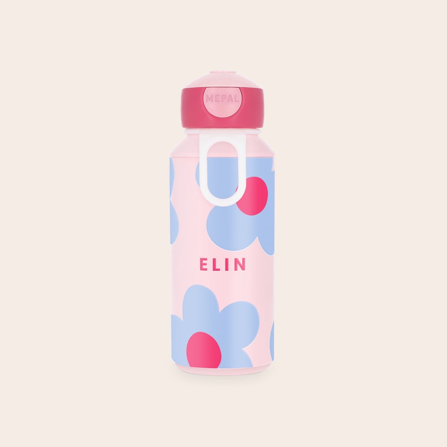 Mepal - botella de agua personalizada con tapón a presión Botella rosa Mepal personalizada con flores y el nombre "ELIN" impreso, su nombre en la botella.