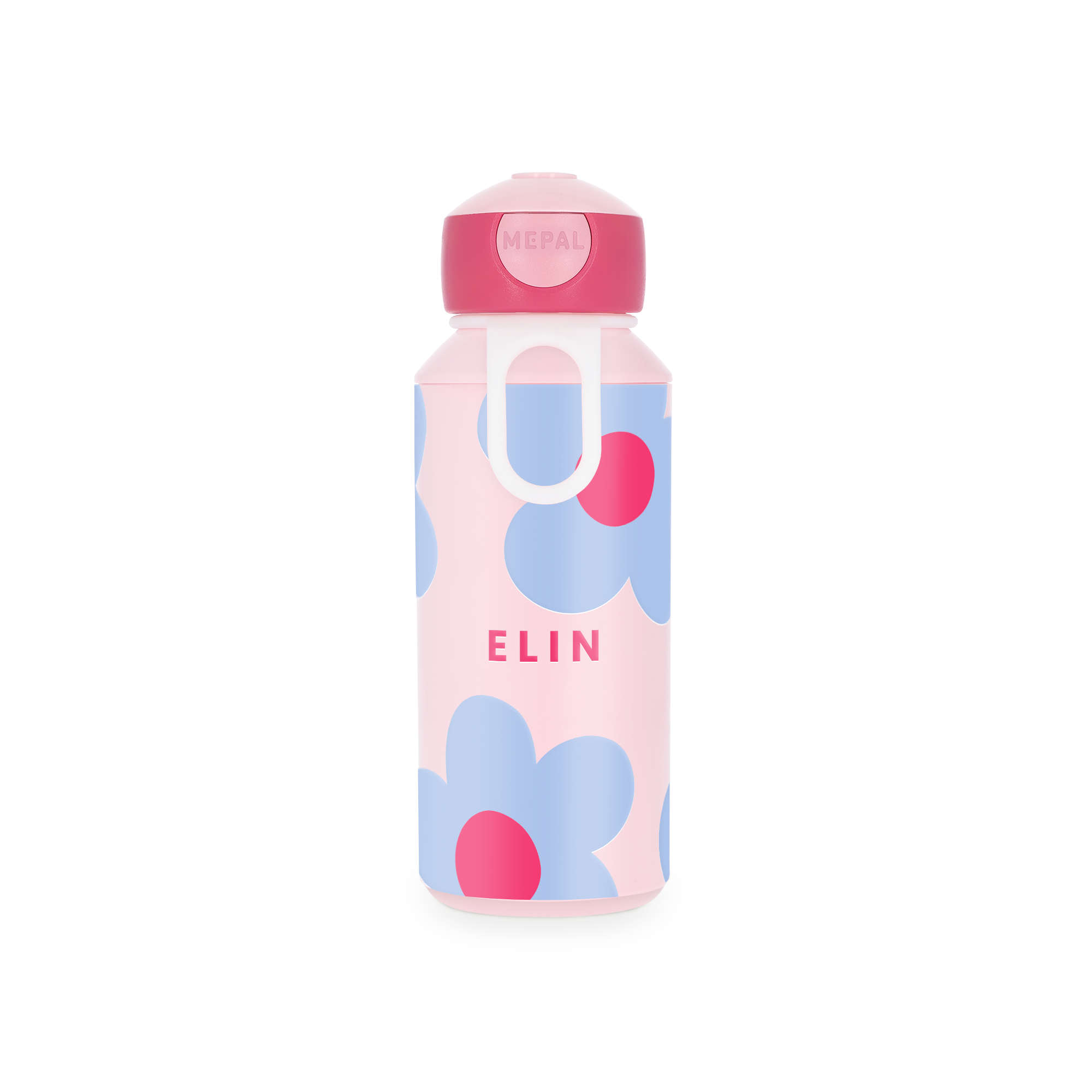 Pink custom water bottle with blue and red flowers printed with the name ELIN