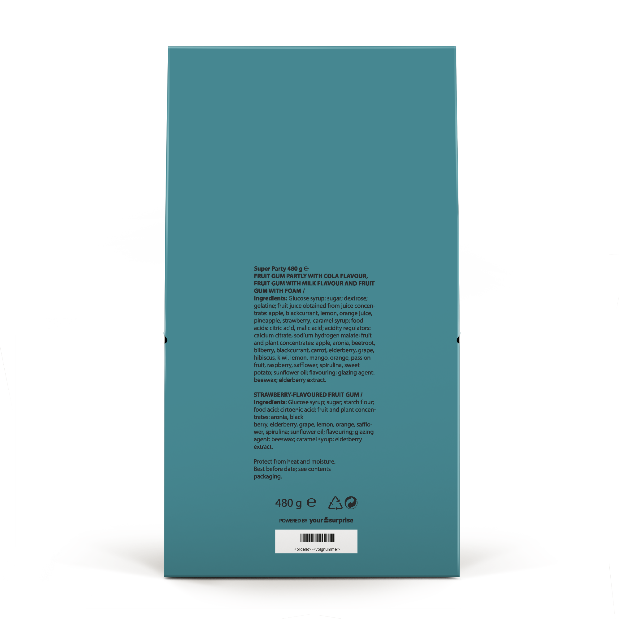 Gepersonaliseerde XL Haribo pouch met eigen design in een turquoise kleur met voedingswaarden gedrukt.