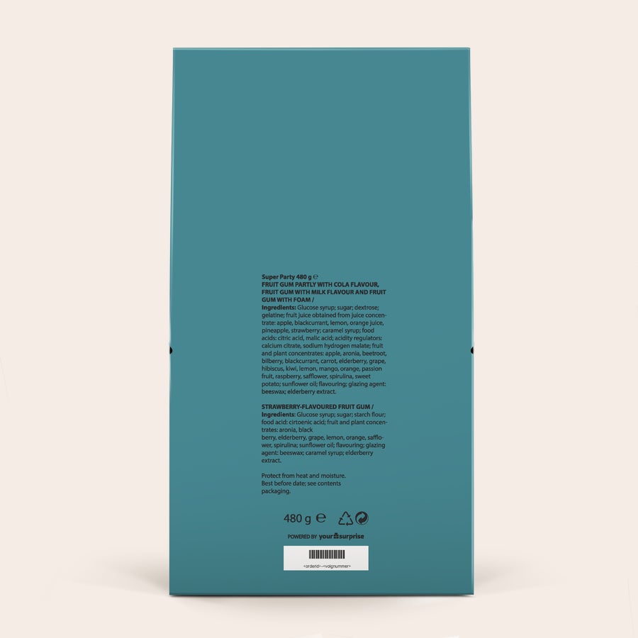 XL-Haribo-Geschenkbox Rückseite einer personalisierten XL-Haribo-Geschenkbox, mit gedruckter Zutatenliste und 480 g Gewicht.