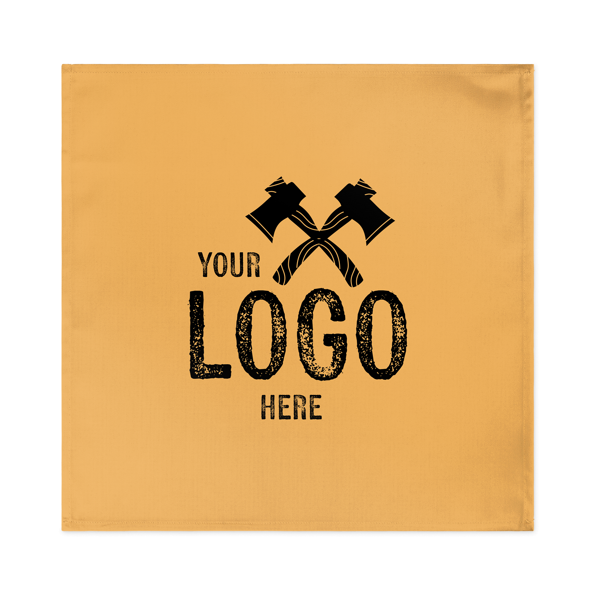 Keltapohjainen yksilöllinen lautasliina painatuksella "YOUR LOGO HERE" ja ristikkäisillä kirveillä.