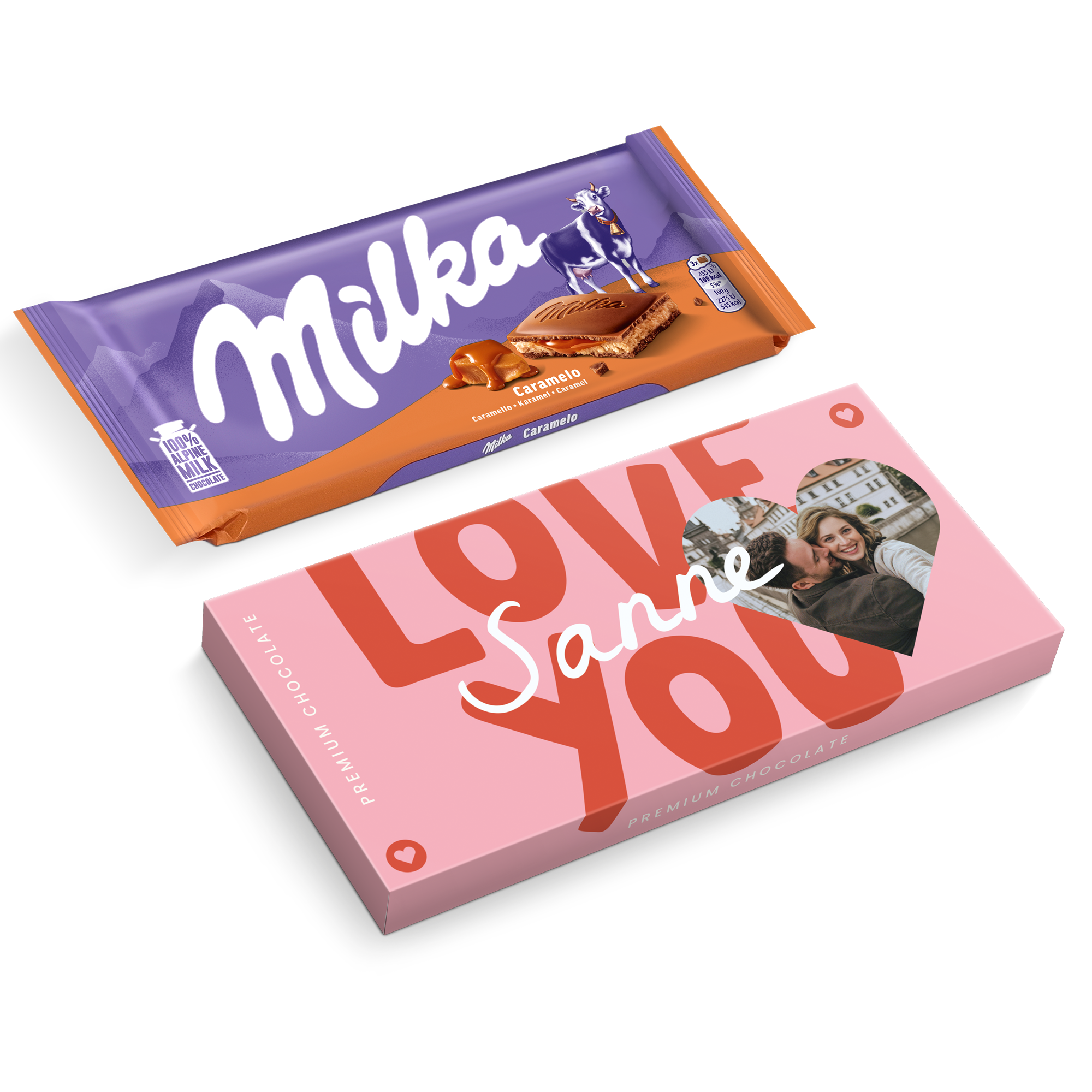 Gepersonaliseerde Milka reep Karamel bedrukt met eigen foto en naam Sanne op roze verpakking