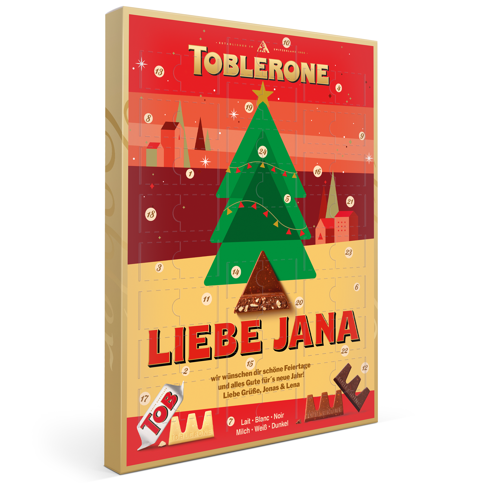 Adventskalender mit Toblerone gefüllt, mit rotem Tannenbaum-Design und dem Namen Jana.