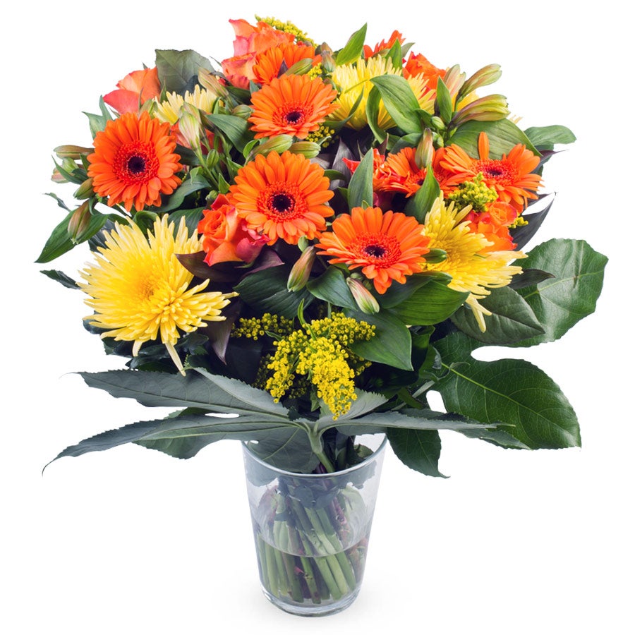Bloemen Zomerboeket Groot in een glazen vaas met kleurrijke oranje en gele bloemen en groene bladeren die je kunt personaliseren met een kaartje