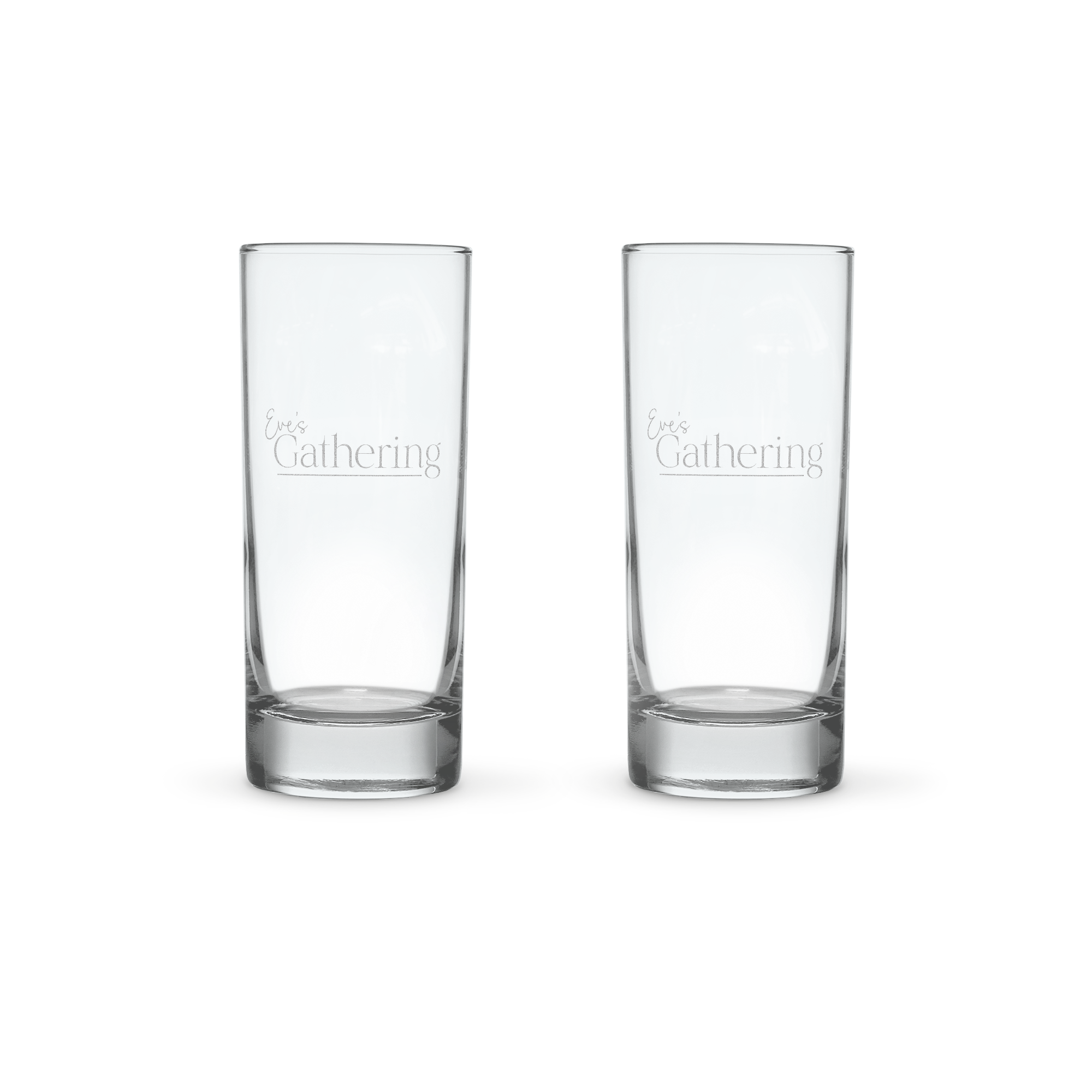 Dois copos highball gravados com o texto personalizável "Eves Gathering" para surpreender alguém
