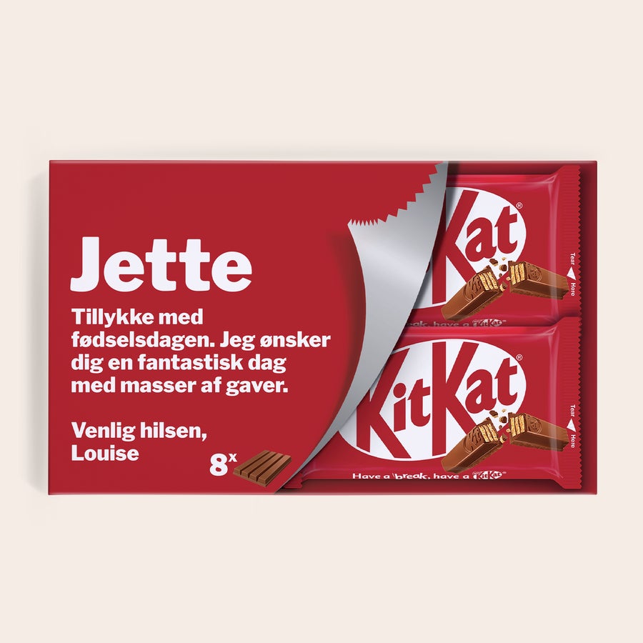 Personlig KitKat gaveæske med navn og billed Rød KitKat chokolade gaveæske med navnet "Jette" og hilsen, printet med et billede af chokoladebarer. Overrask en du holder af med en helt unik KitKat chokolade gaveæske med navn og billede.