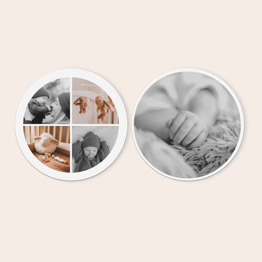 Personlige veggpaneler Runde forex veggpaneler med to svart-hvitt collage-bilder, ett av en baby og forelder, ett av en liten hånd.