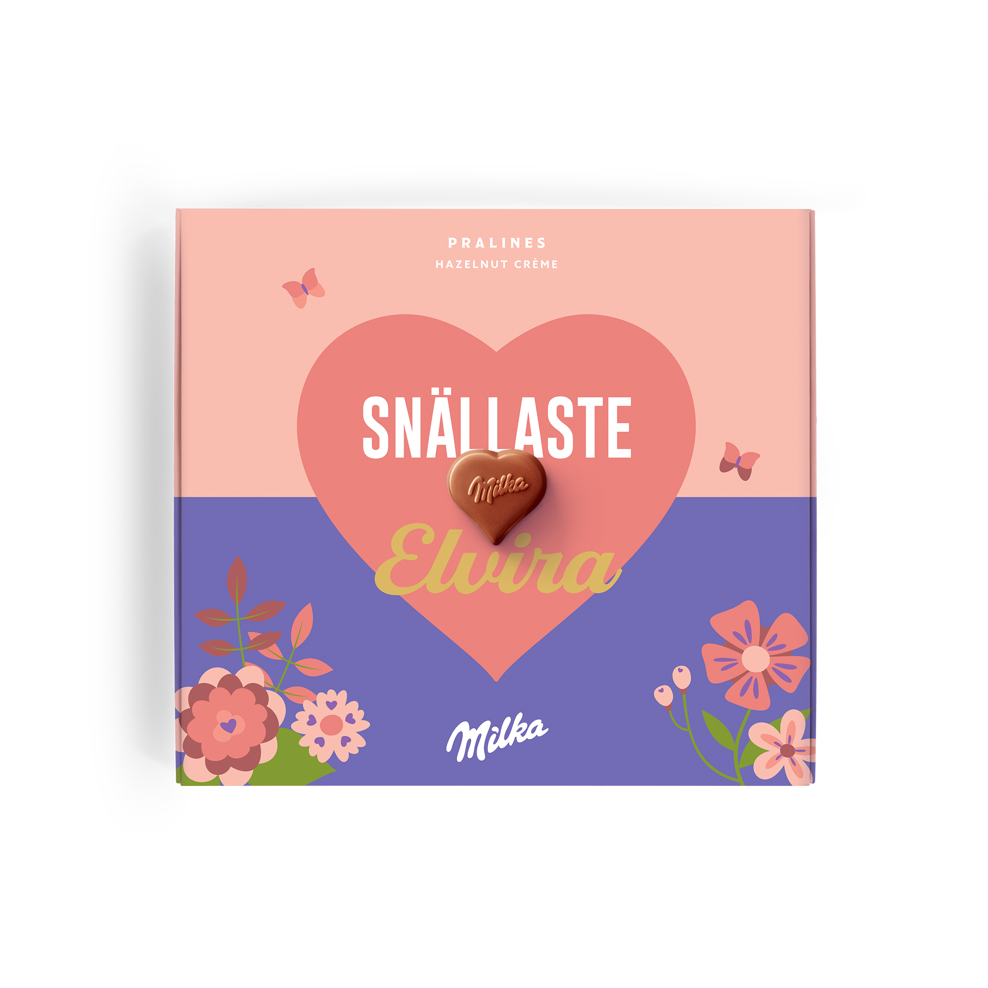 Personlig Say it with Milka-chokladask tryckt med texten "SNÄLLASTE Elvira" och blommor