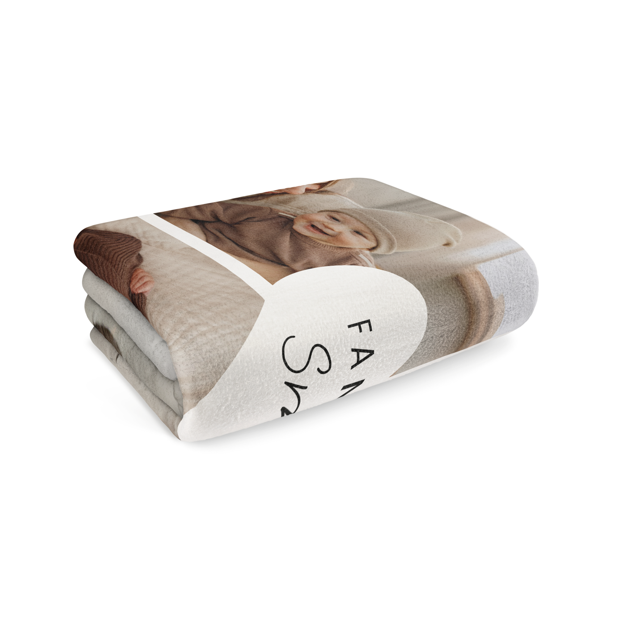 Manta polar personalizada con foto de bebé sonriente y texto "FAMILY" impreso.