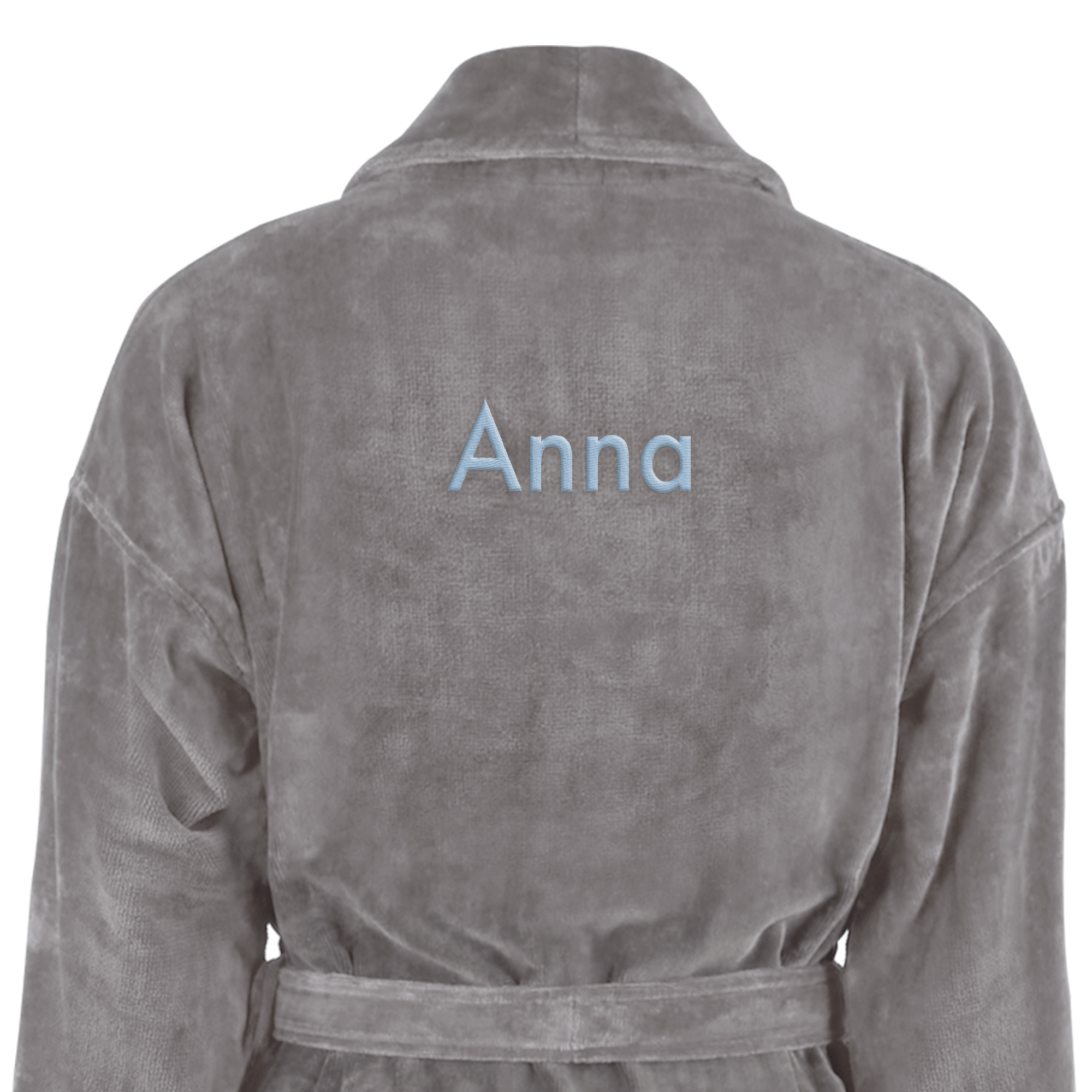 Accappatoio grigio morbido ricamato con il nome Anna in azzurro, regalo personalizzabile con testo o nome