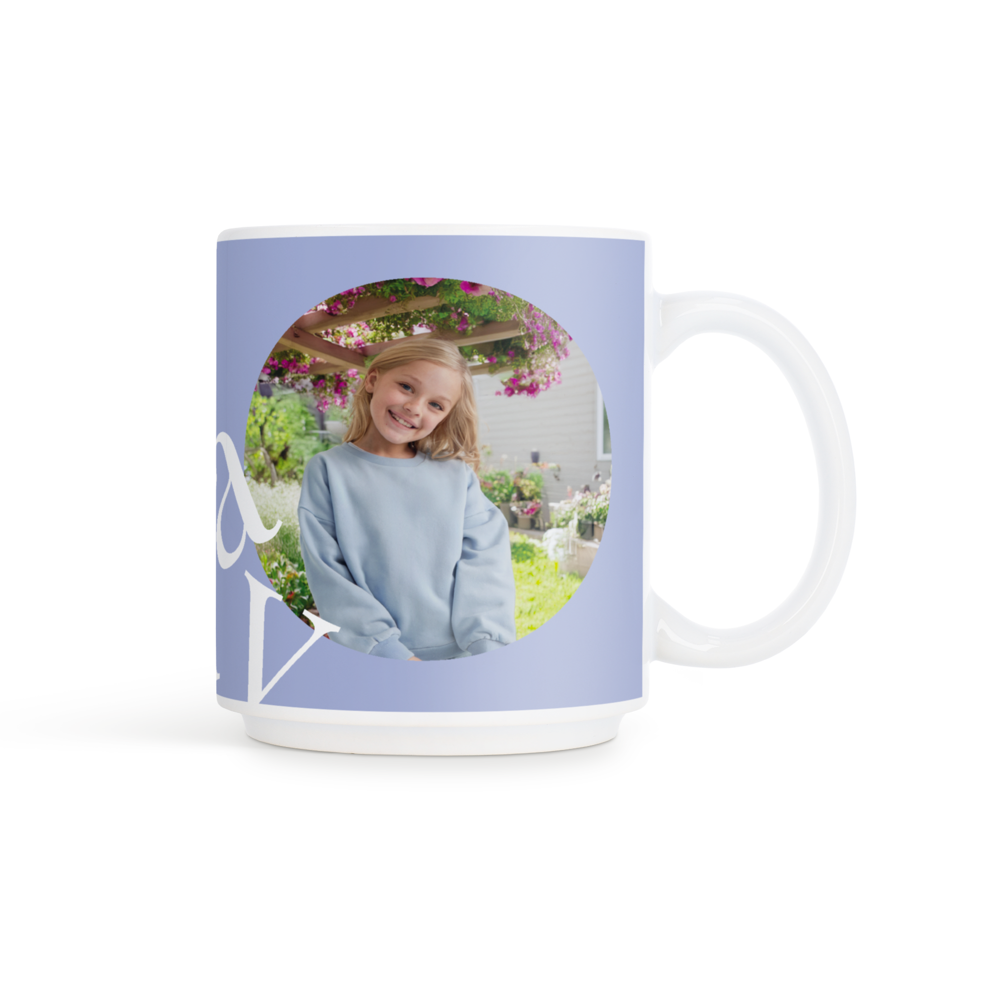 Custom stackable photo mug in purple with a printed photo of a smiling girl