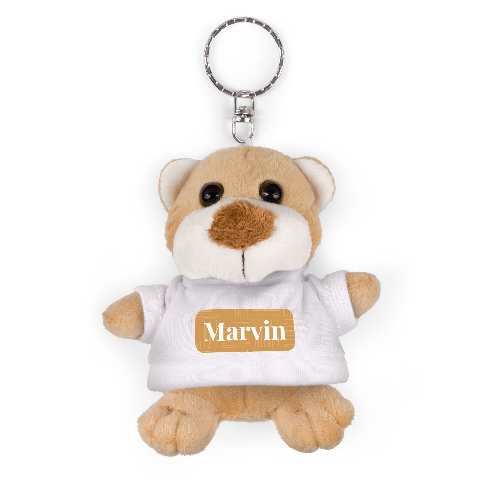 Schlüsselanhänger Teddy mit weißem T-Shirt und dem Namen Marvin darauf gedruckt