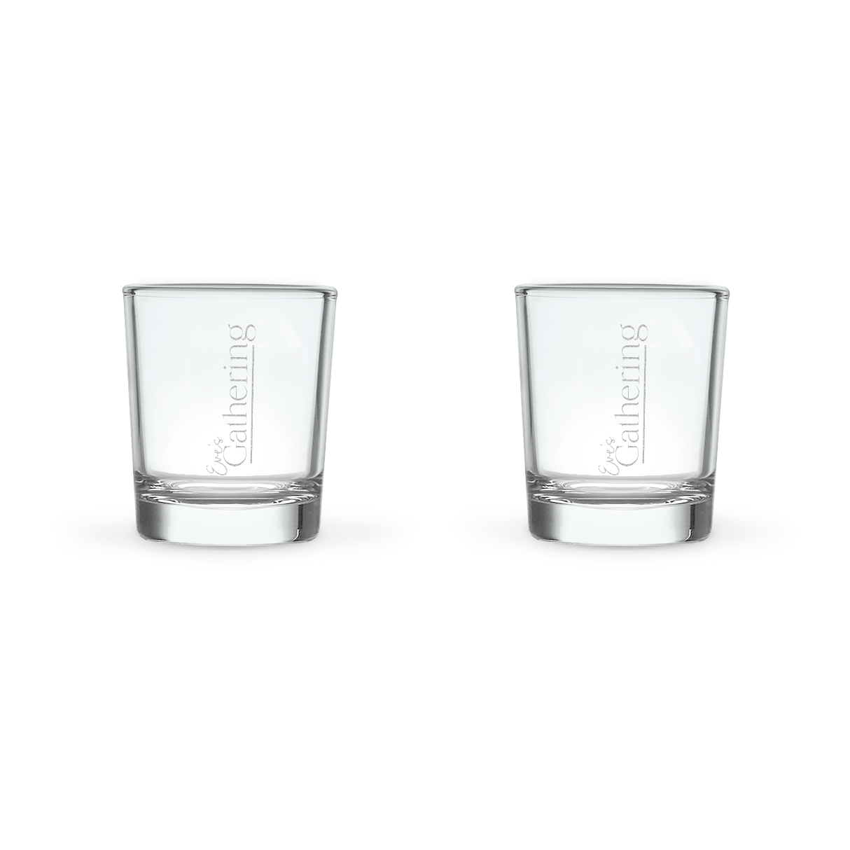 Dos vasos de chupito grabados con el texto "Eve's Gathering", ideales para disfrutar limoncello.
