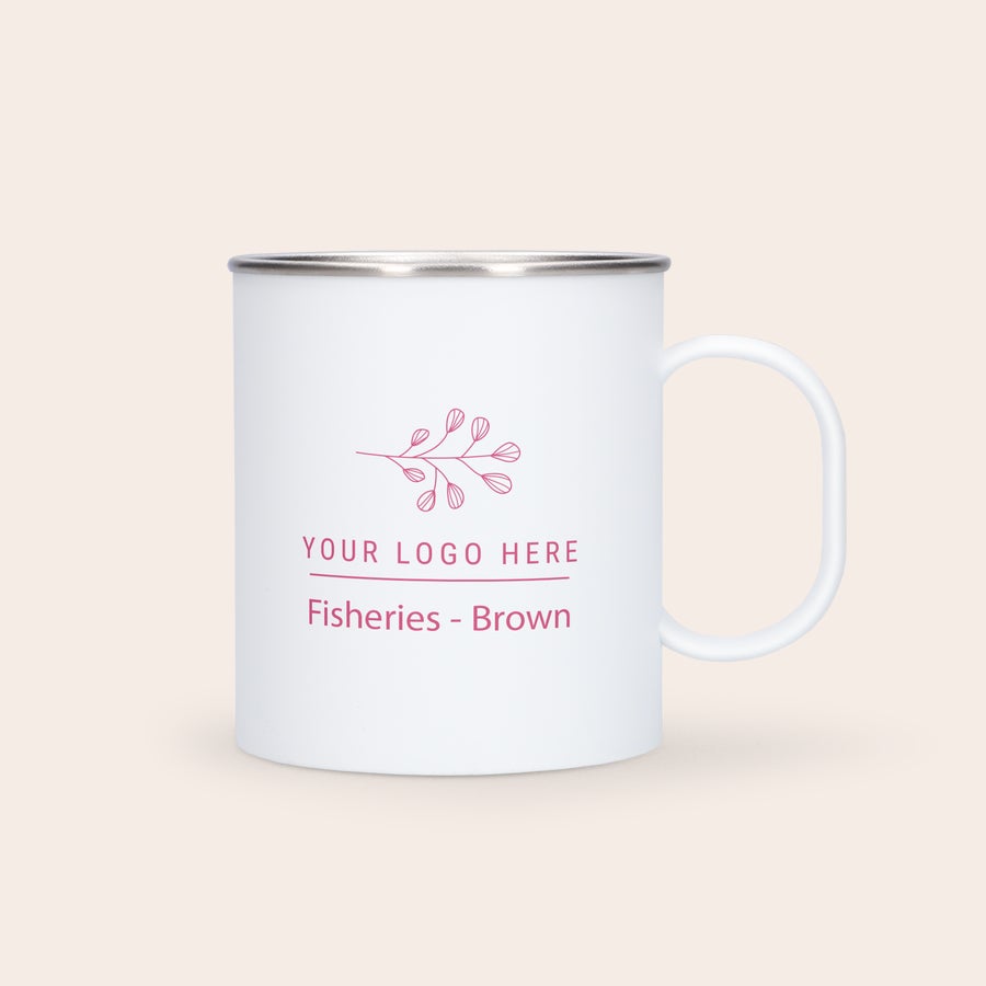 Taza de acero personalizada Taza de acero inoxidable impresa con foto y logo de flor y texto "Fisheries - Brown" personalizable.