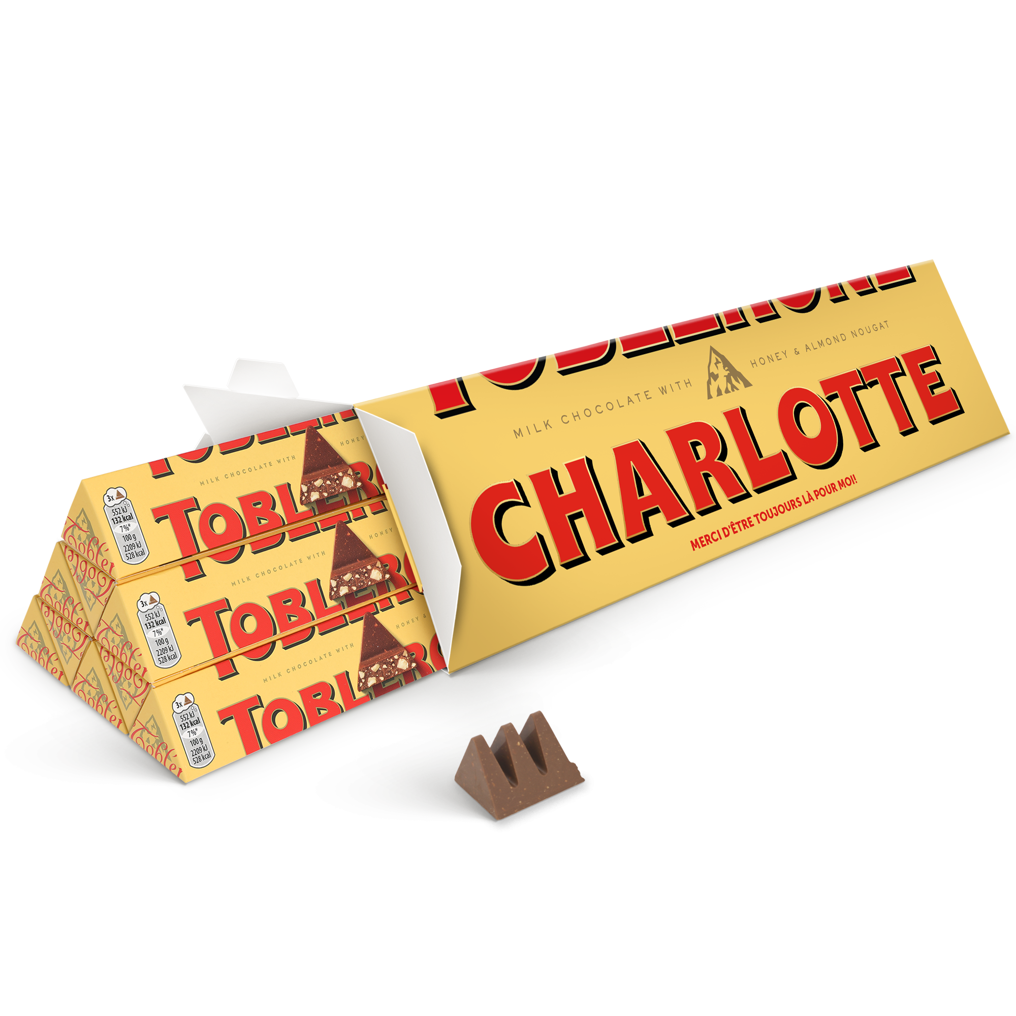 Toblerone personnalisé - 1800 g avec le prénom Charlotte imprimé en rouge et le message "Merci d'être toujours là pour moi!" sur l'emballage jaune.