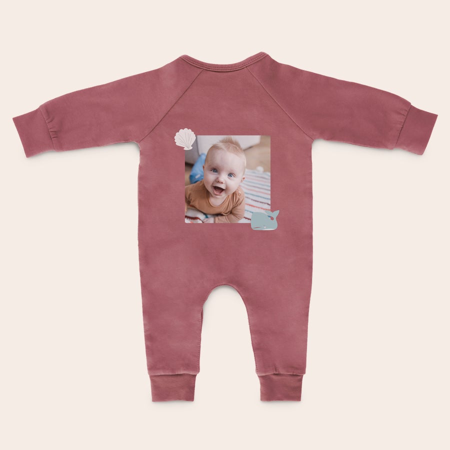 Baby Playsuit - Printed Rose personalized babygrow printed with a happy baby photo, a seashell, and a whale for stretching and kicking those chubby legs