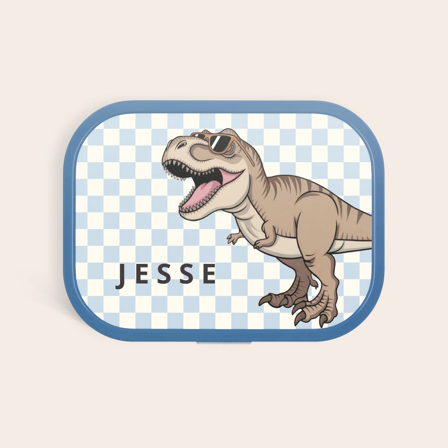 Mepal broodtrommel - Gepersonaliseerd Gepersonaliseerde Mepal lunchbox, bedrukt met naam Jesse en een dino op geblokte achtergrond. Hun naam maakt van elke lunch iets bijzonders.
