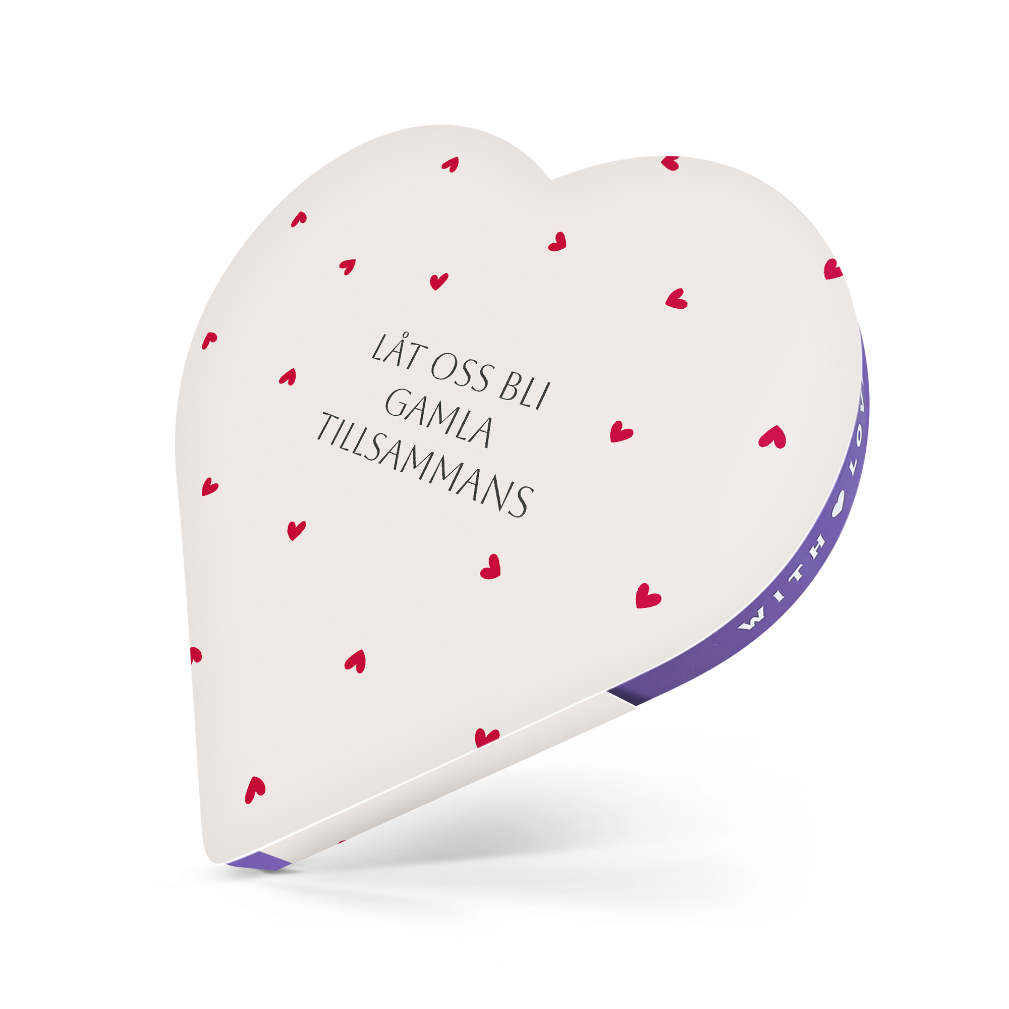 Personlig chokladask med hjärtformat lock, texten "Låt oss bli gamla tillsammans" tryckt med små röda hjärtan.