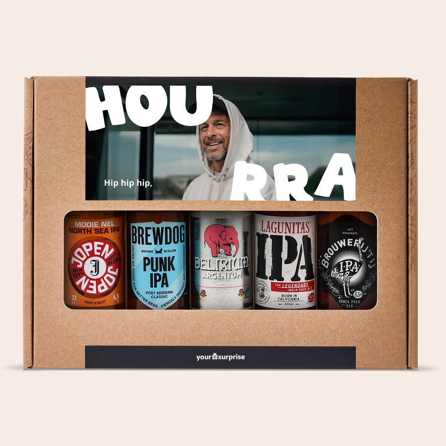 Coffret à bière personnalisé Coffret cadeau de bière de microbrasserie personnalisé avec photo imprimée et cinq bières.