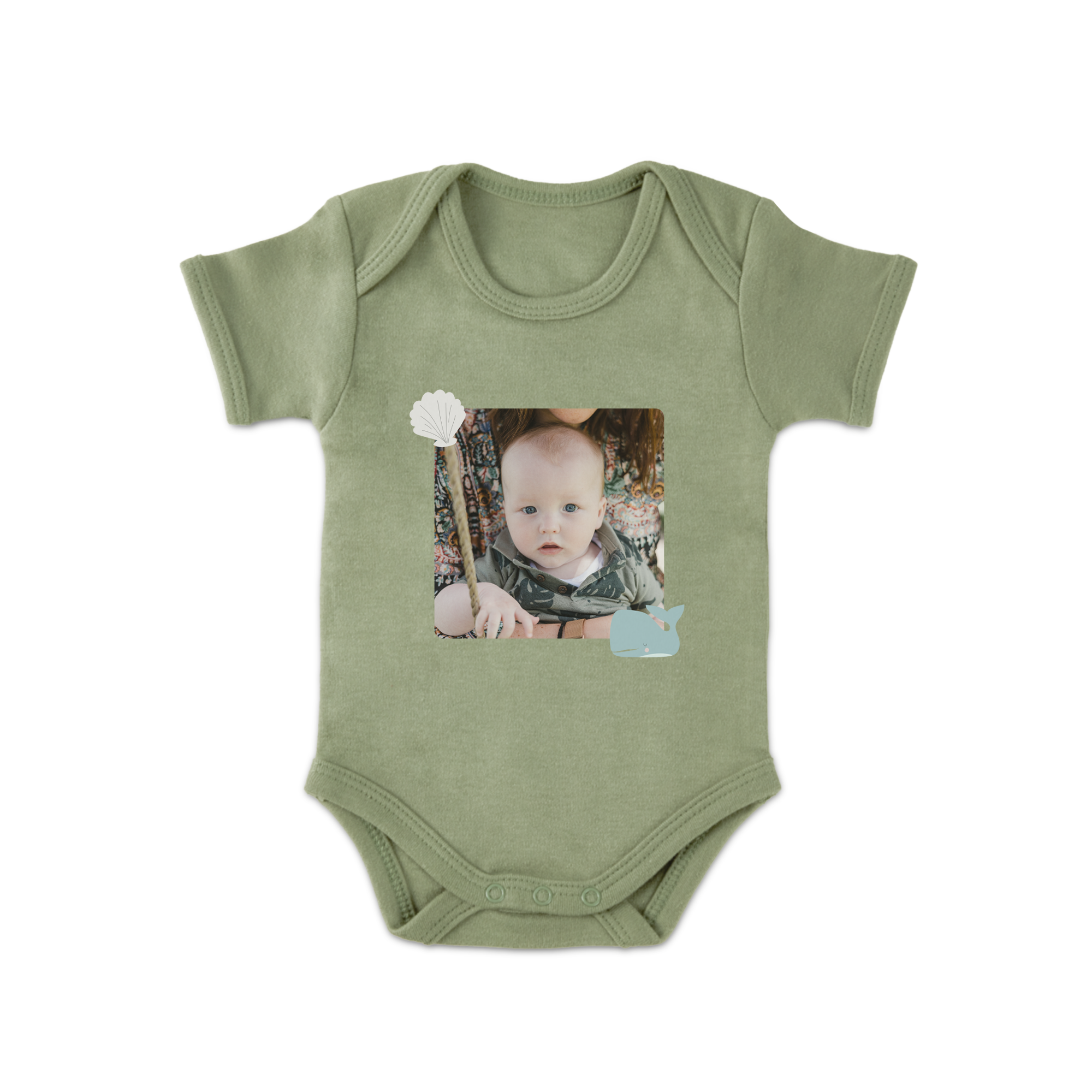 Grøn baby body med trykt billede af baby, hvid musling og blå hval, lav din egen personlige baby body med tryk