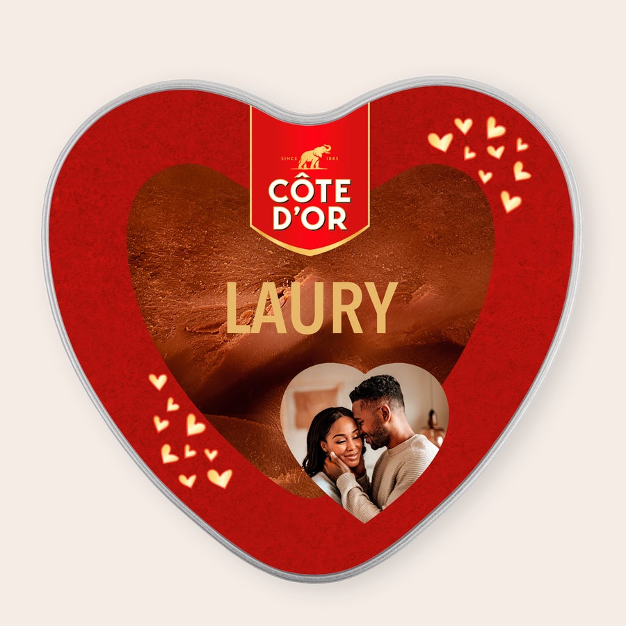 Boîte de Chocolat - Mini Bouchée Côte d'Or Boîte cadeau personnalisée - Coeur - Mini Bouchée rouge avec photo et prénom LAURY imprimés