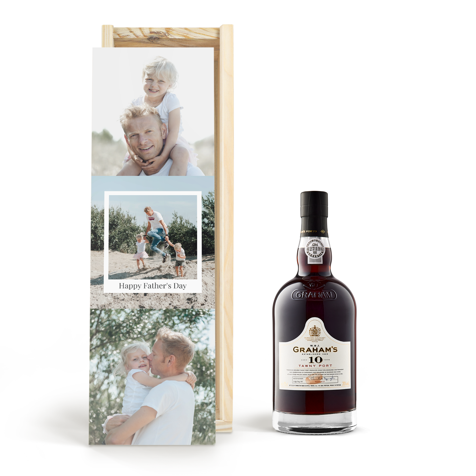Graham's 10 Years Tawny Port in a personalised wooden gift case with a printed photo and "Happy Father's Day" text.