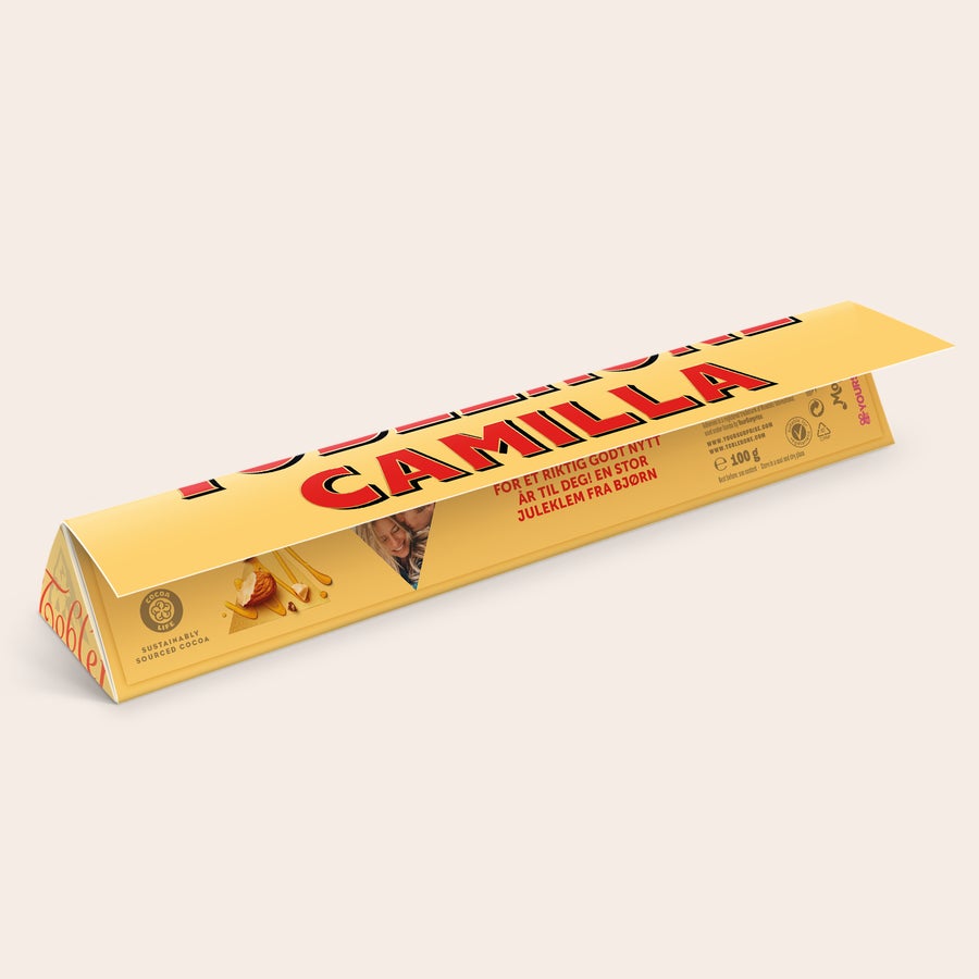 Toblerone med navn Personlig Toblerone sjokolade med navn Camilla, bilde og hilsen fra Bjørn,