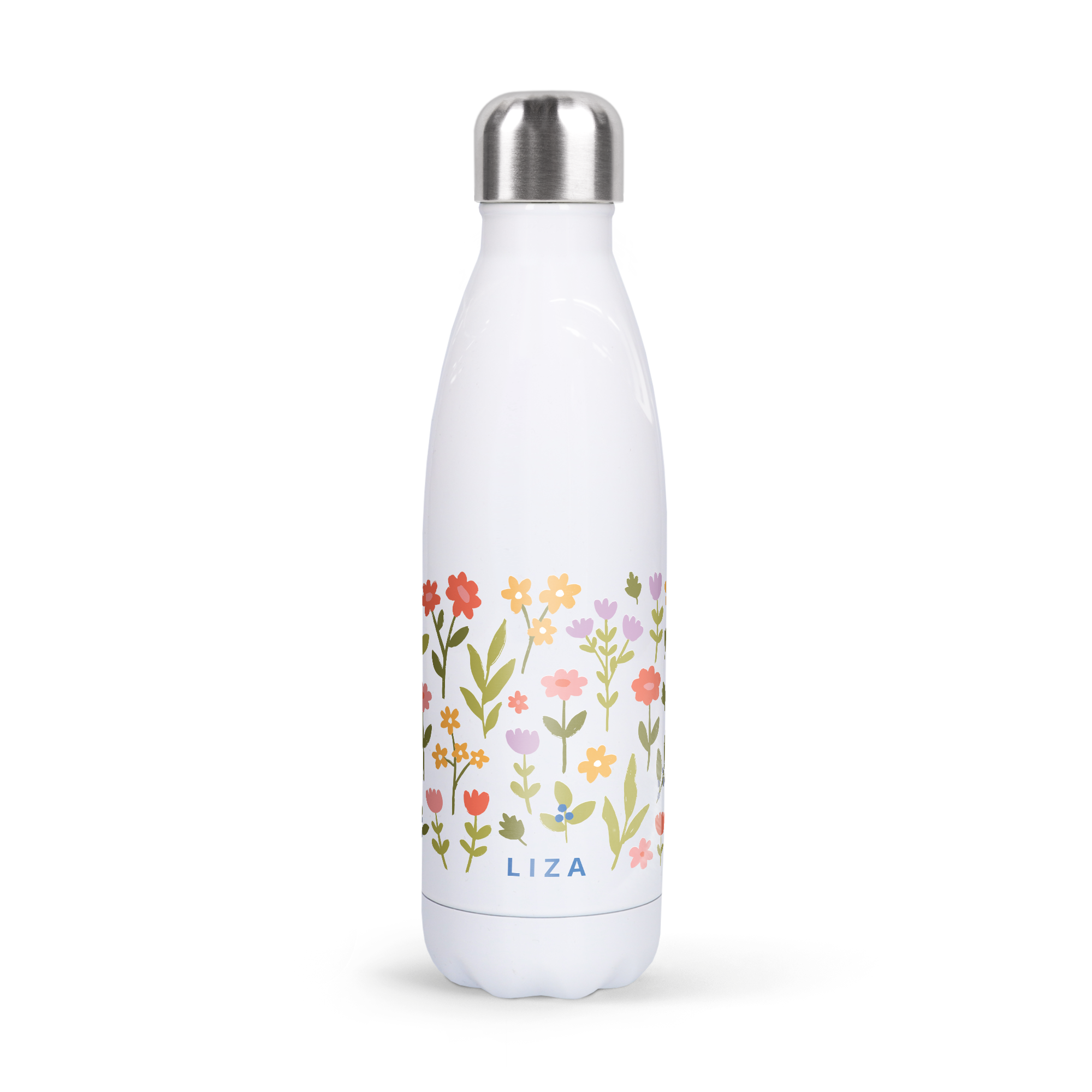 Gepersonaliseerde waterfles met naam Liza en bloemenprint, ideaal om gehydrateerd te blijven.