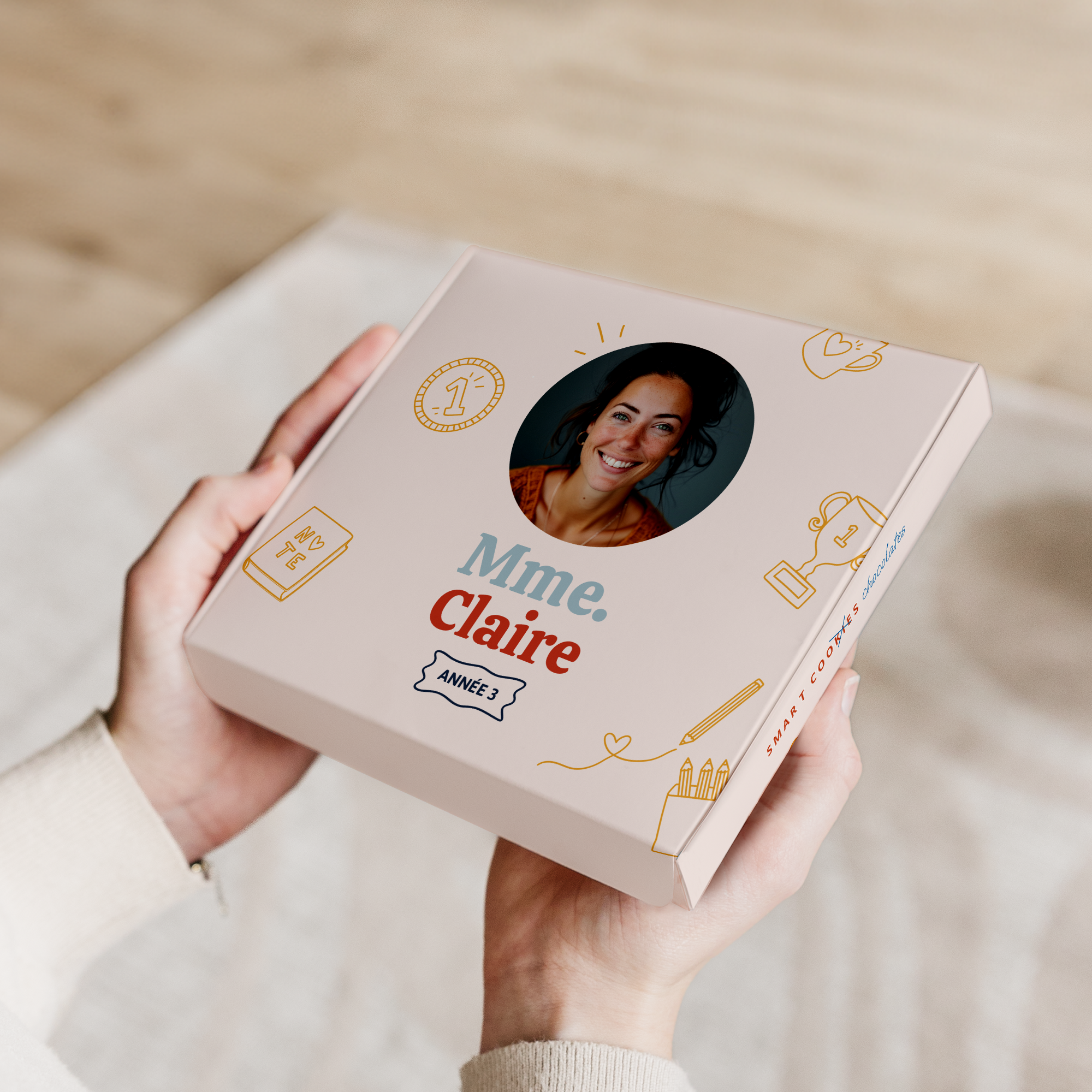 Coffret cadeau Milka personnalisé pour professeur, imprimé avec photo et texte Mme Claire Année 3