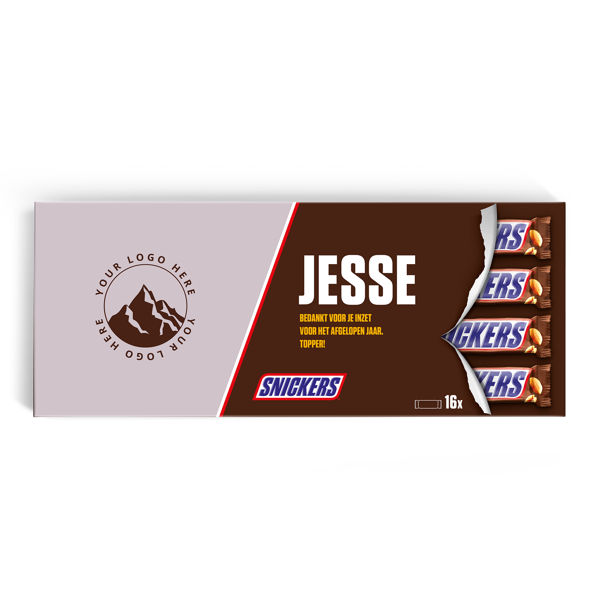 Gepersonaliseerde Mega Snickers reep bedrukt met de naam Jesse en een boodschap