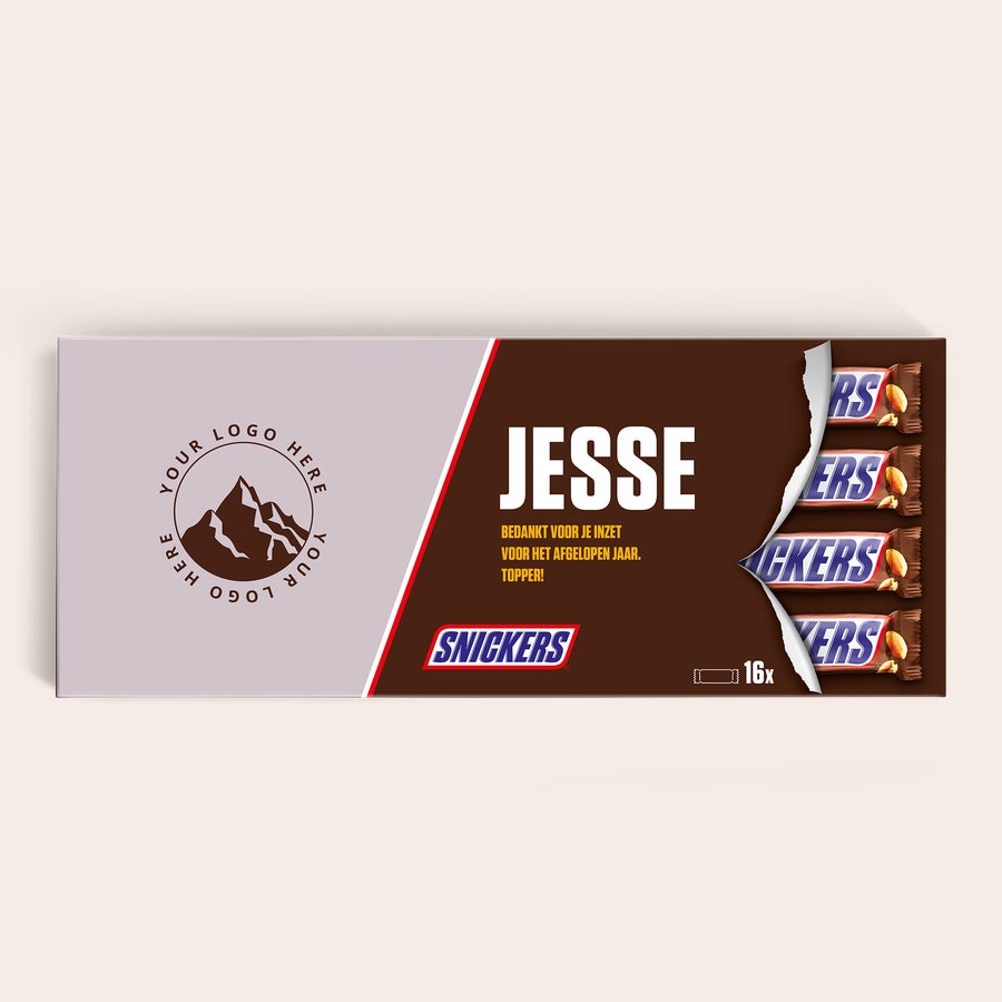 Mega Snickers reep met naam en foto bedrukken Mega Snickers reep met naam en foto bedrukken