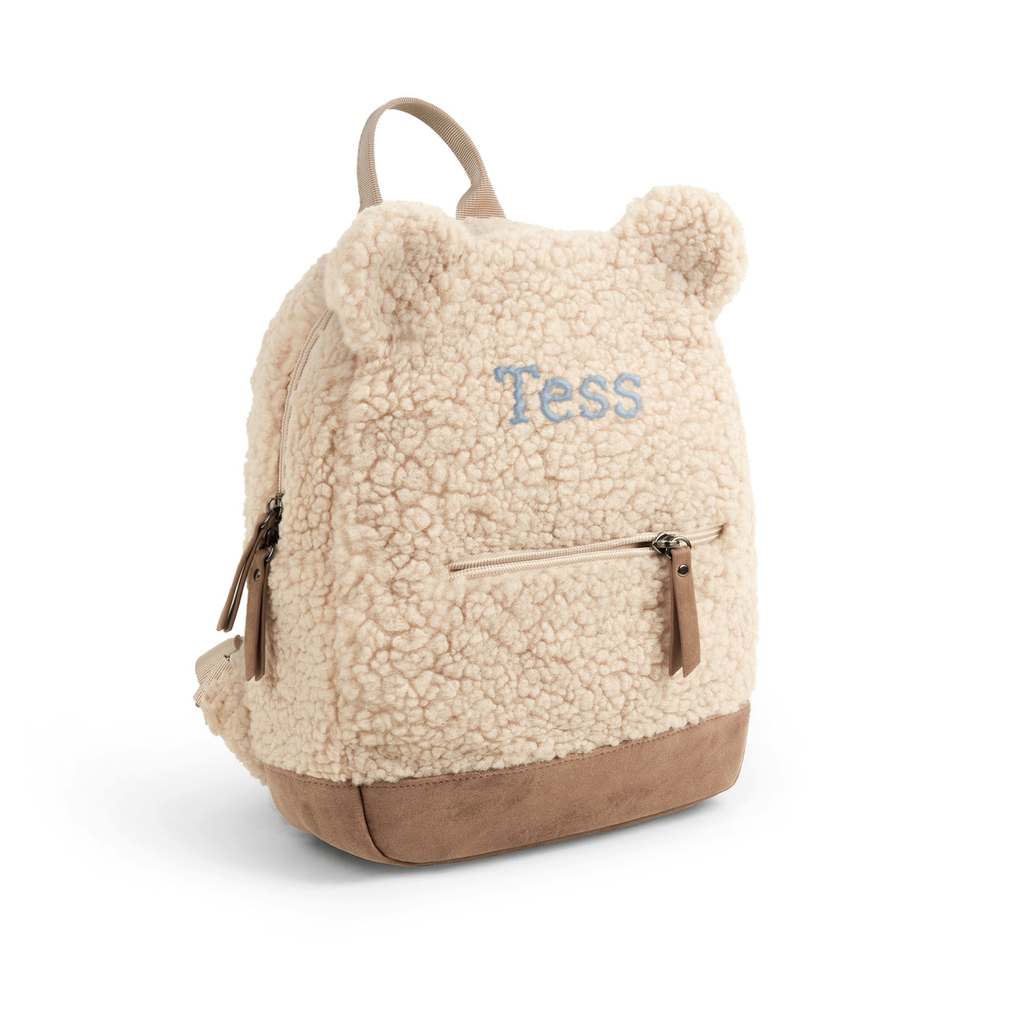 Sac à dos en moumoute couleur crème avec nom "Tess" brodé, des oreilles d'ourson et base marron.