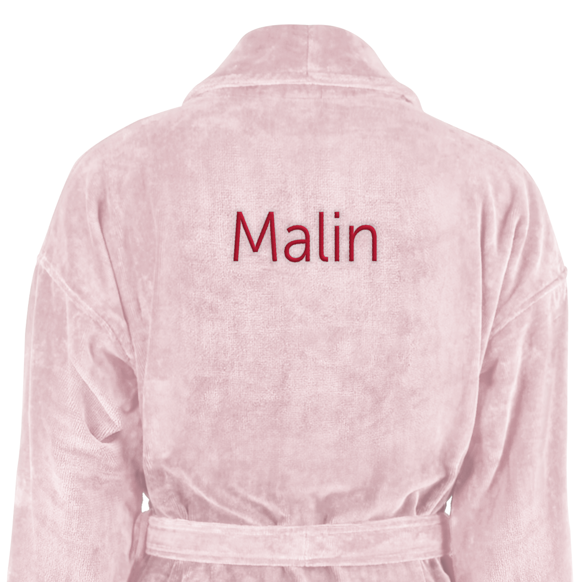 Lyserød luksus morgenkåbe til damer med broderet navn Malin i rød tråd på ryggen, med bindebånd i taljen