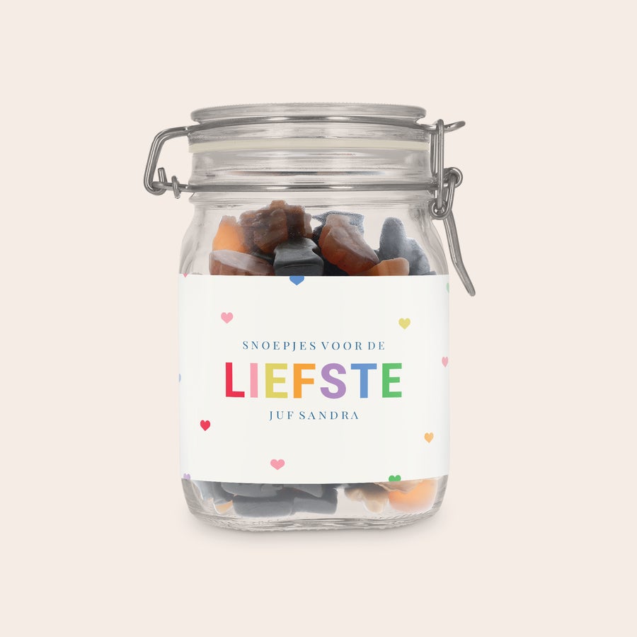 Snoeppot bedrukken Glazen snoeppot bedrukken met dropmix, full-colour sticker met de tekst Snoepjes voor de liefste en juf Sandra