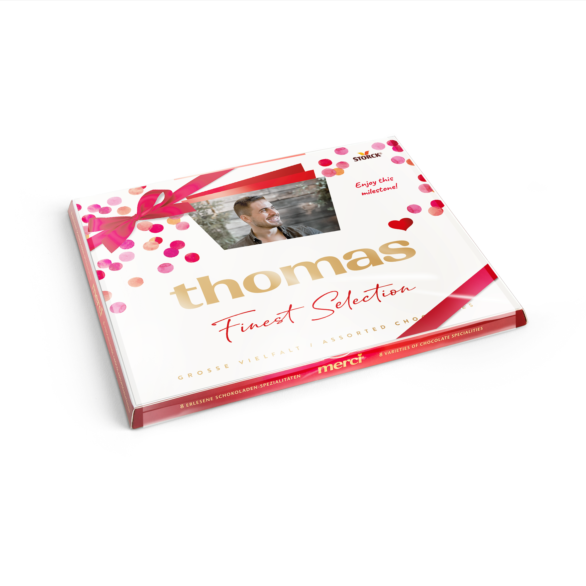Chocolate merci com cartão festivo - 250 gramas, personalizado com foto e o nome 'thomas'.