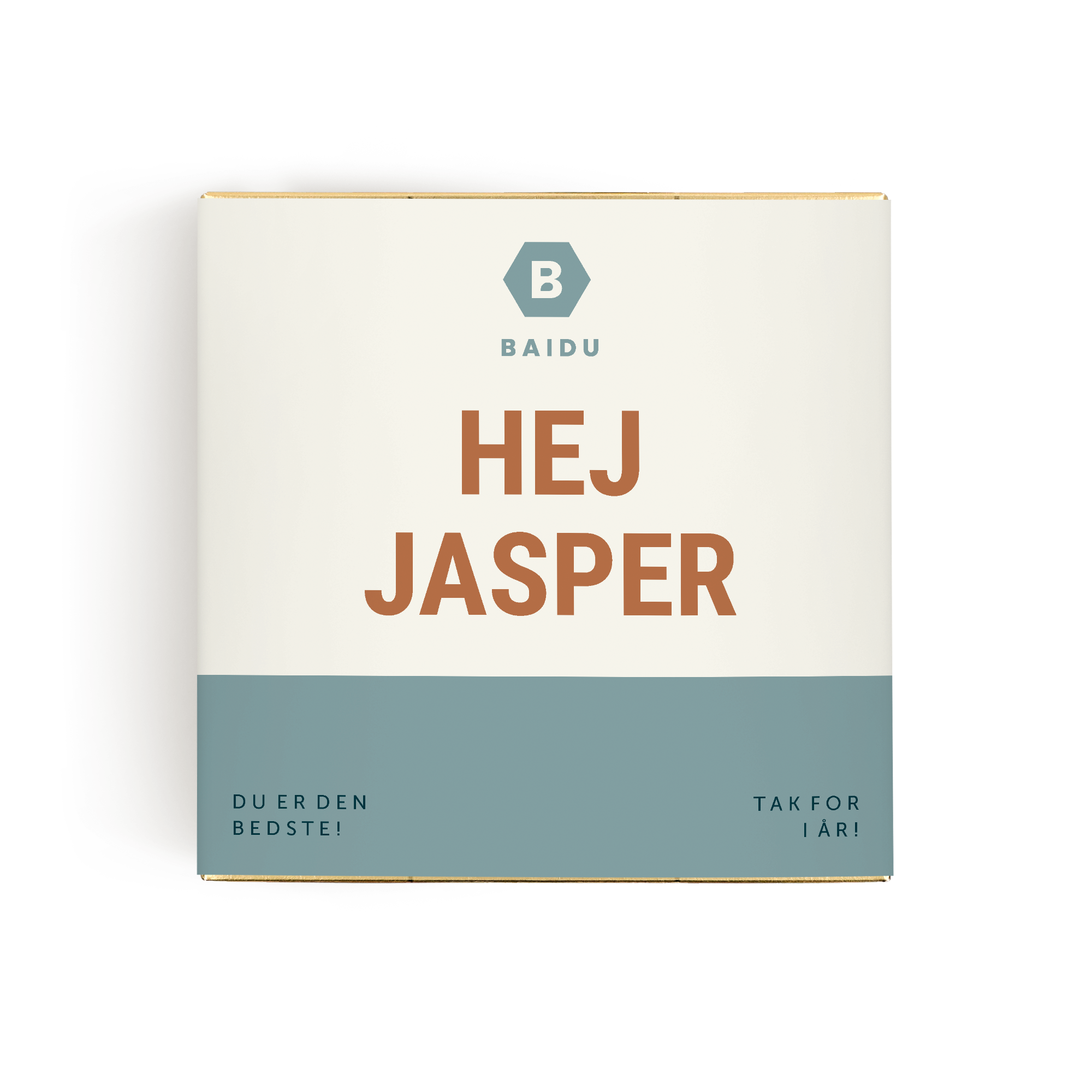 En personlig Ferrero Rocher chokoladegave trykt med Baidu-logo, navn Jasper og teksten Du er den bedste