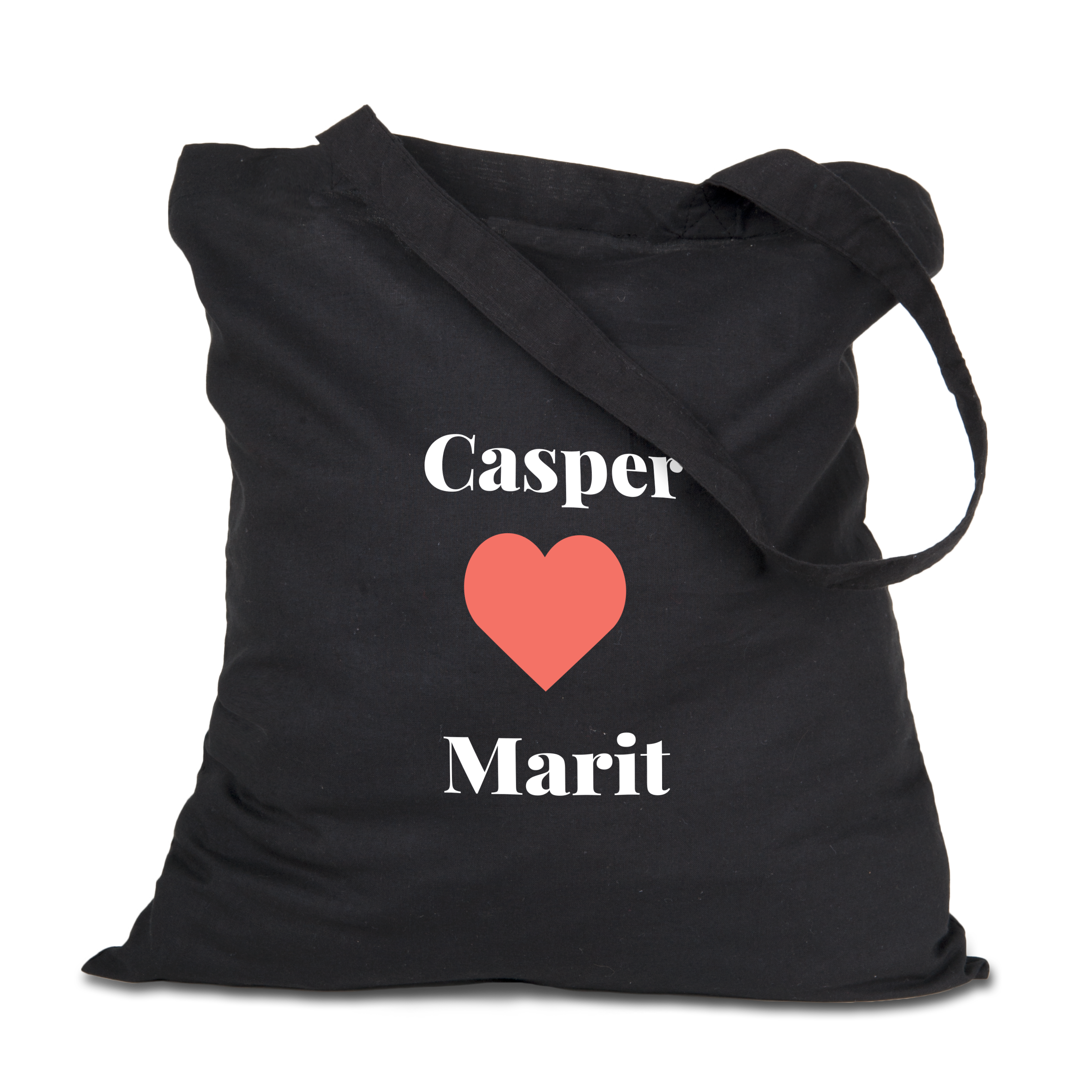 Zwarte gepersonaliseerde stoffen totebag bedrukt met de namen Casper en Marit en een rood hart.