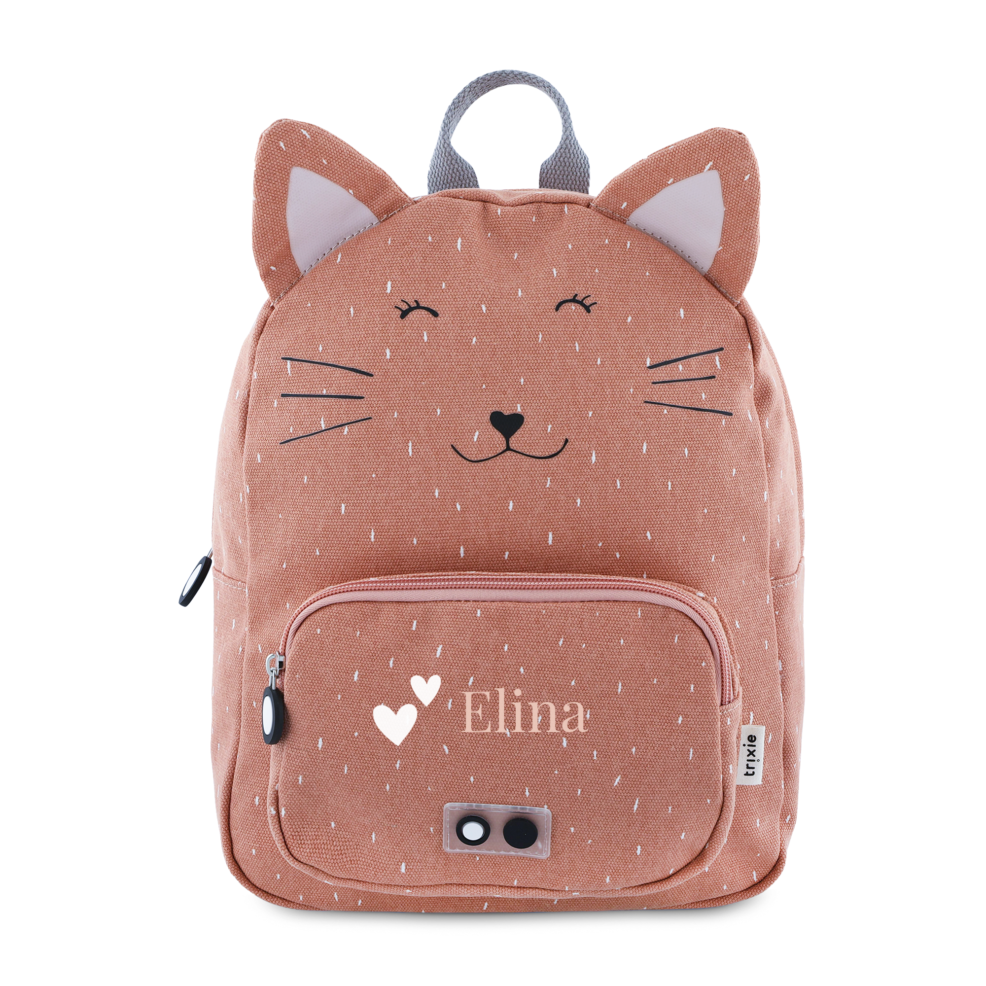 Brun børnerygsæk med katteansigt og "Elina" trykt på forlommen.