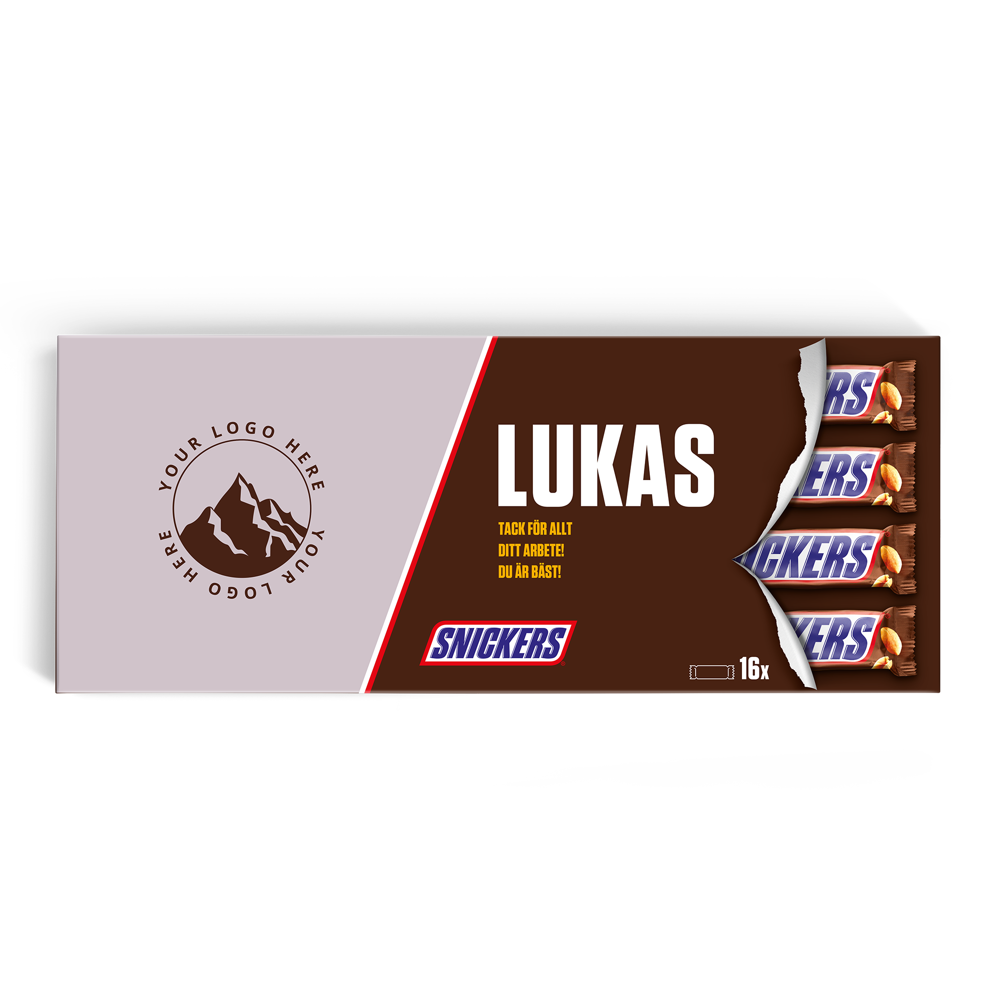 Denna personliga gigantiska Snickersbar i choklad har namnet Lukas och texten Tack för allt ditt arbete! Du är bäst! tryckt på presentasken som innehåller 16 Snickers-chokladkakor.