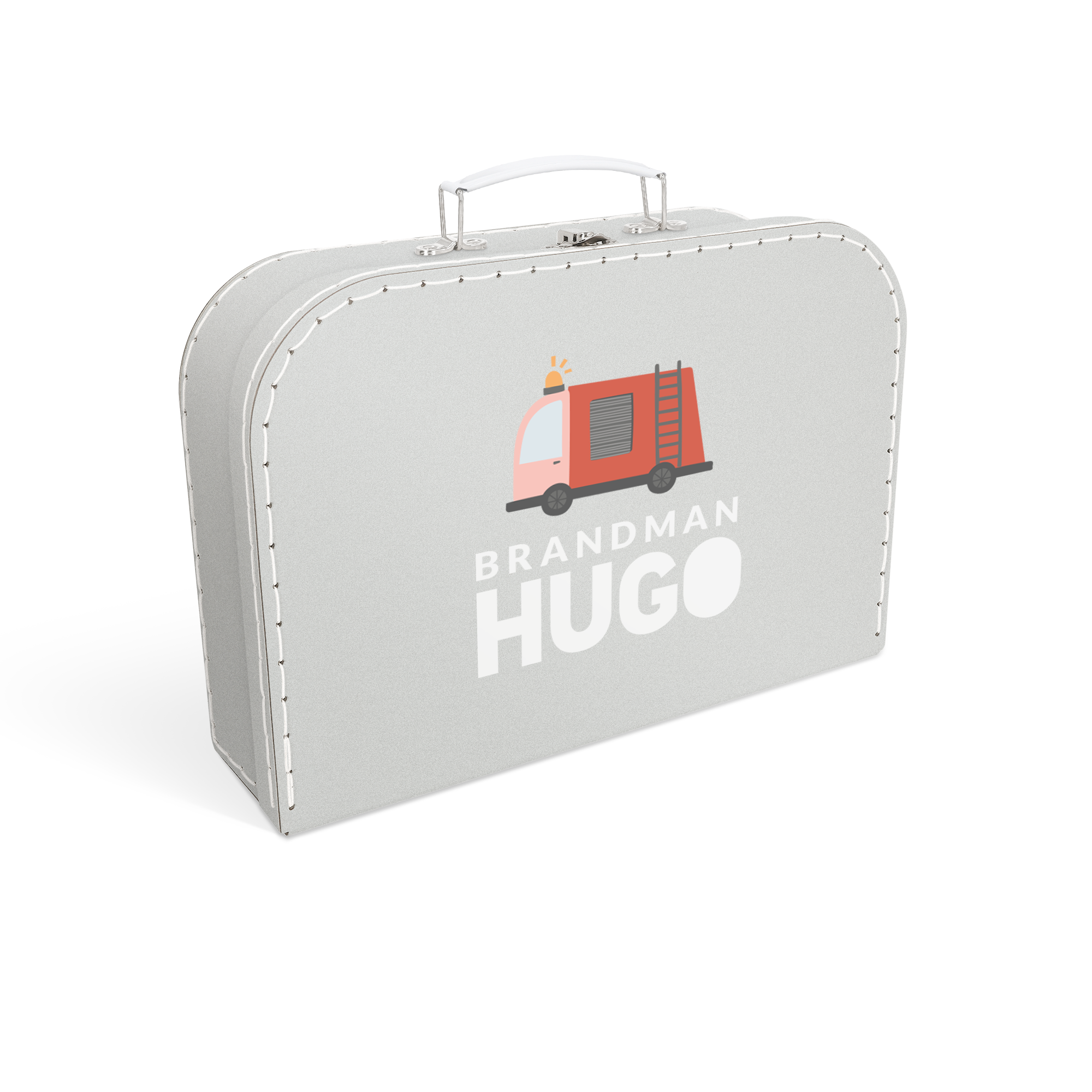 Ljusgrå leksaksväska i kartong med brandbilsdesign och namnet Hugo tryckt, en perfekt detalj i barnrummet.