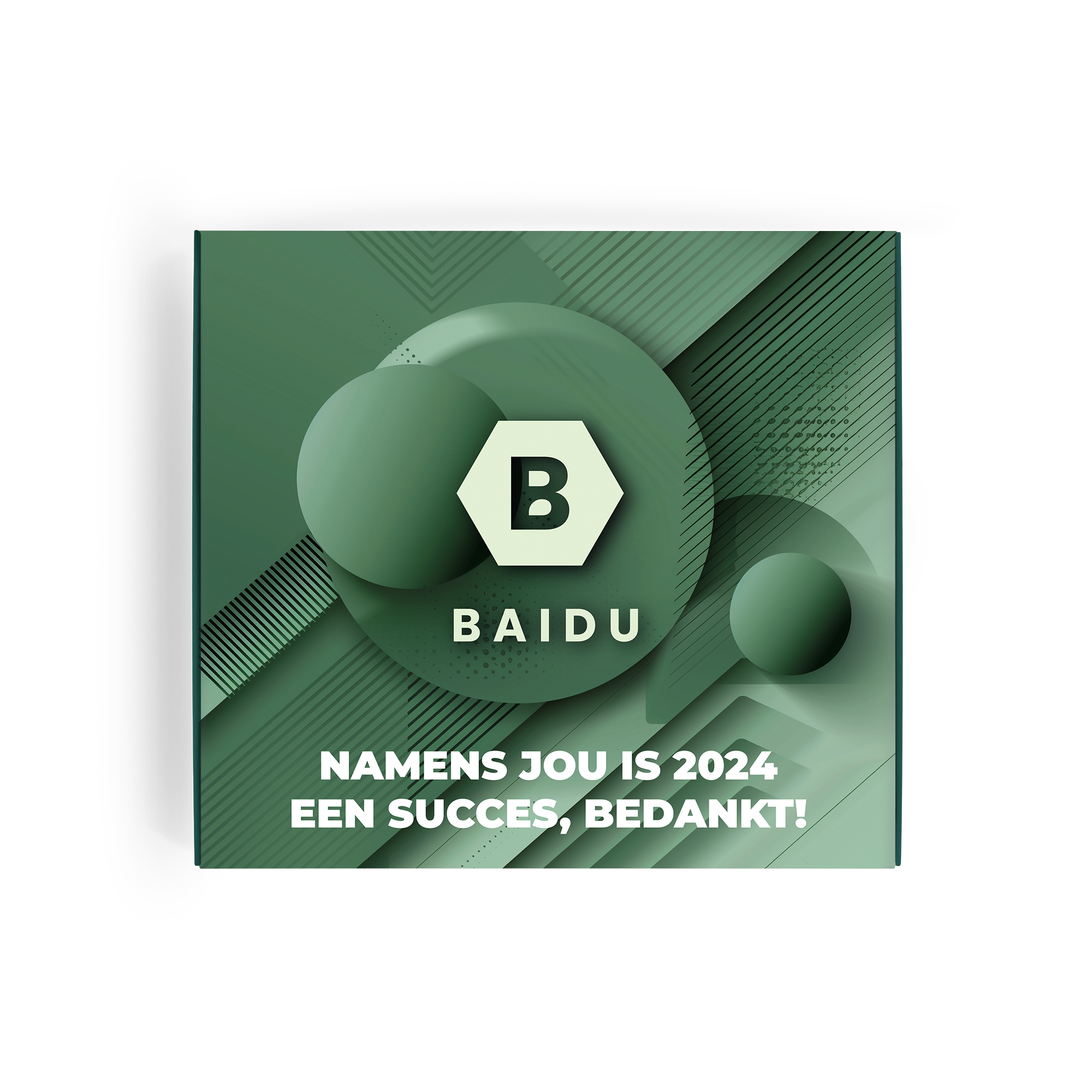 Milka giftbox in groen design, gepersonaliseerd met de naam Baidu en de tekst Namens Jou is 2024 een Succes, Bedankt!
