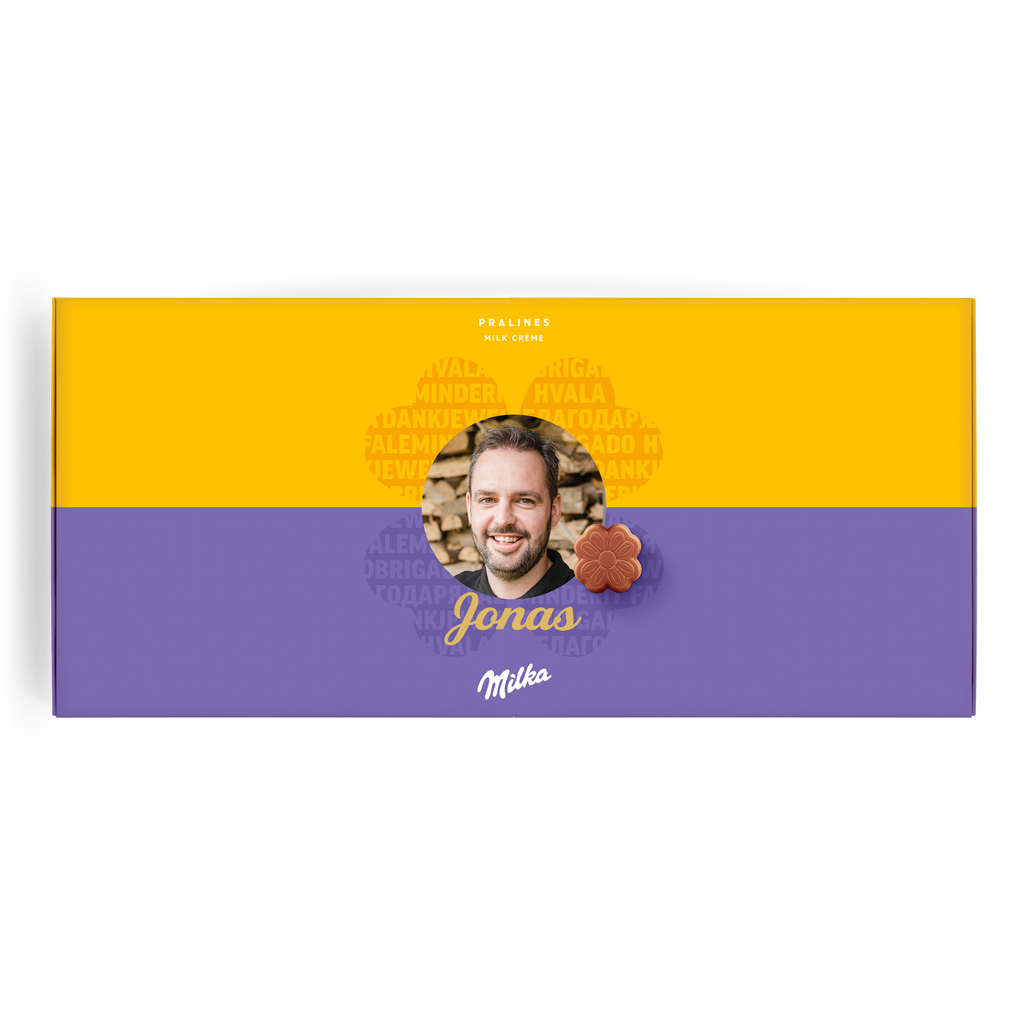 En personlig Sig det med Milka chokolade gaveæske med billede af Jonas, navn og et chokoladestykke.